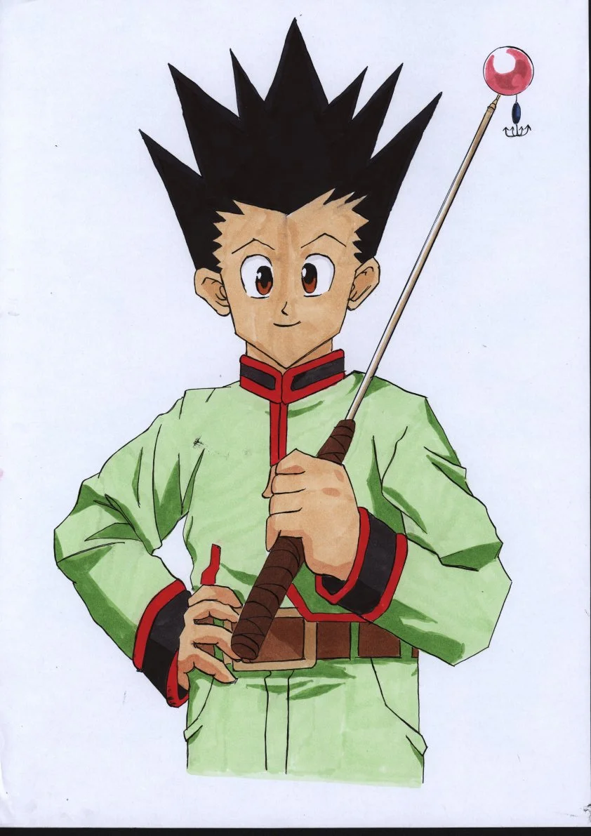 Hand-drawn illustration of a boy with spiky black hair, wearing a light green traditional Chinese-style jacket with red and black accents, holding a staff with a pink orb and anchor charm.