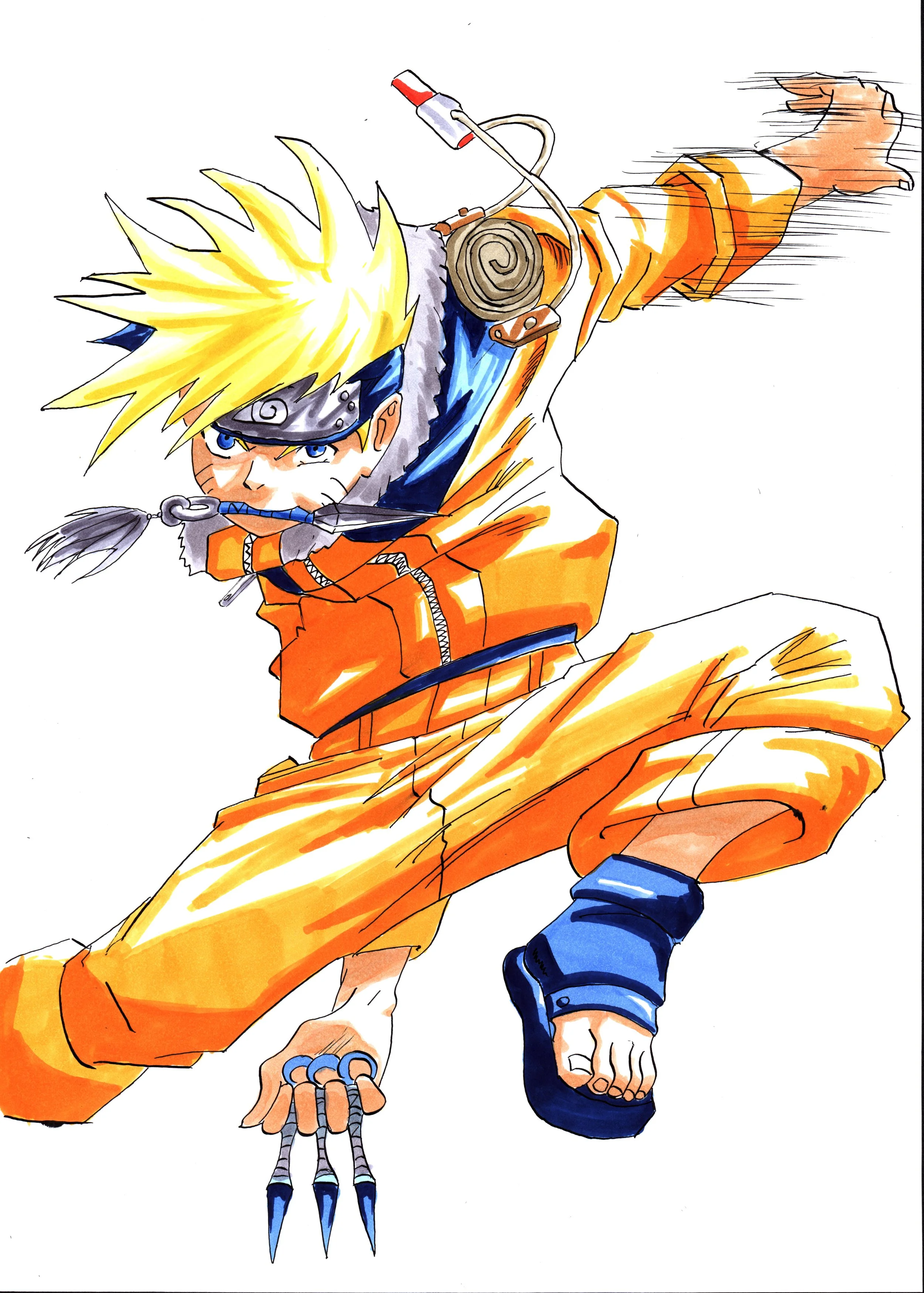 Drawing of Naruto Uzumaki from anime, in orange and blue ninja outfit, with spiky blonde hair, holding a shuriken, and a kunai on his back.