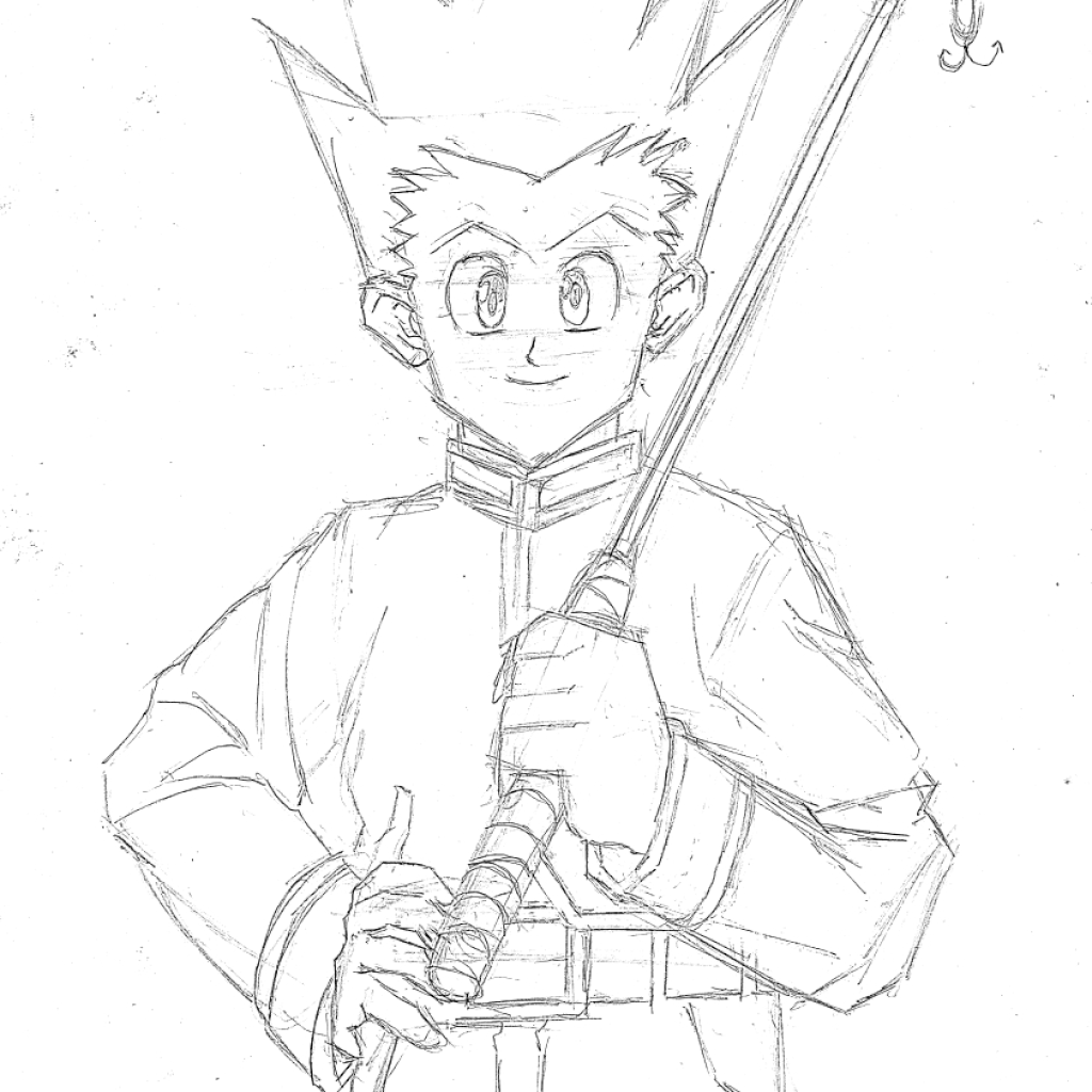 Hand-drawn sketch of a young boy with spiky hair holding a sword, wearing a high-collared jacket, smiling confidently.