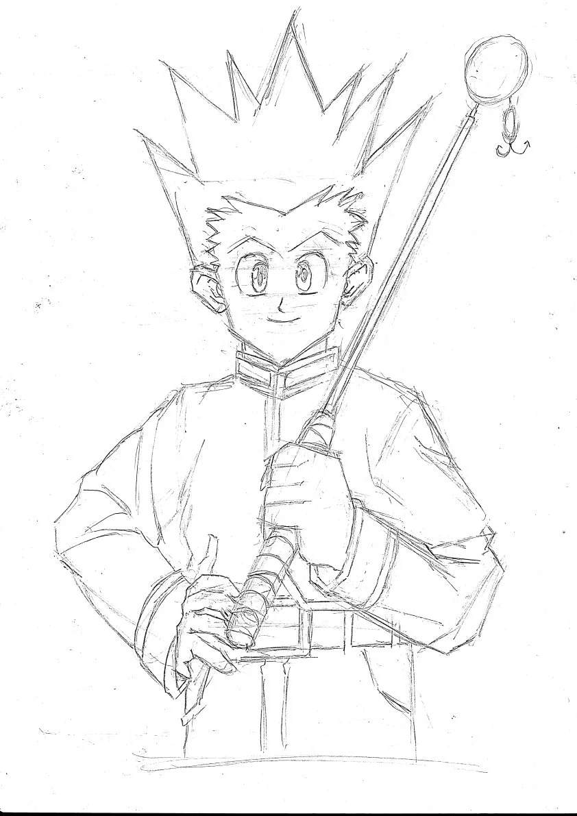 A pencil sketch of a young boy wearing a uniform, holding a staff topped with a round object, and a crown or spiky headpiece on his head, with a cheerful expression.