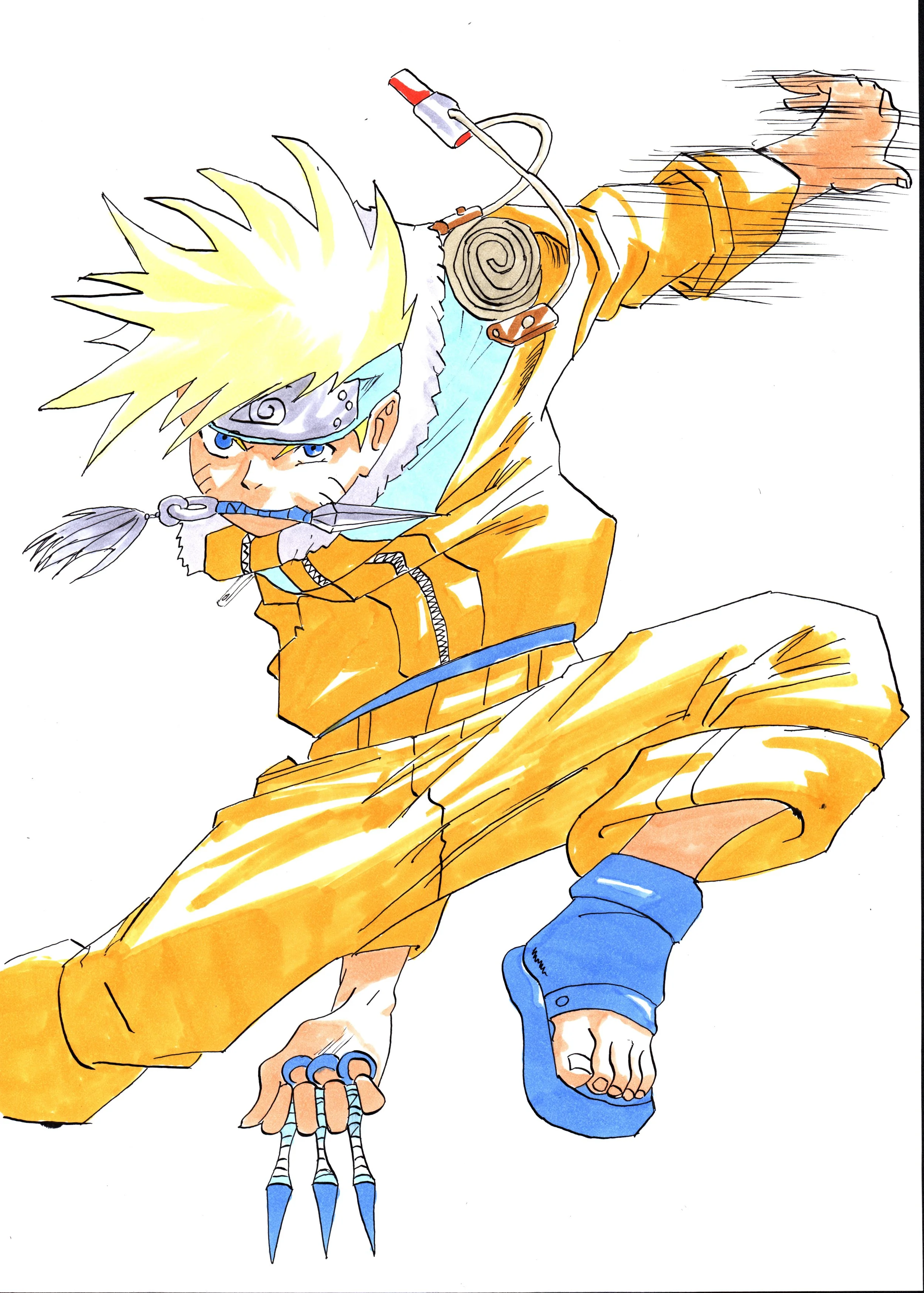 Anime character Naruto Uzumaki in an action pose, wearing a yellow jumpsuit with blue sandals, with spiky blond hair and a headband, holding a kunai, with dynamic motion lines.