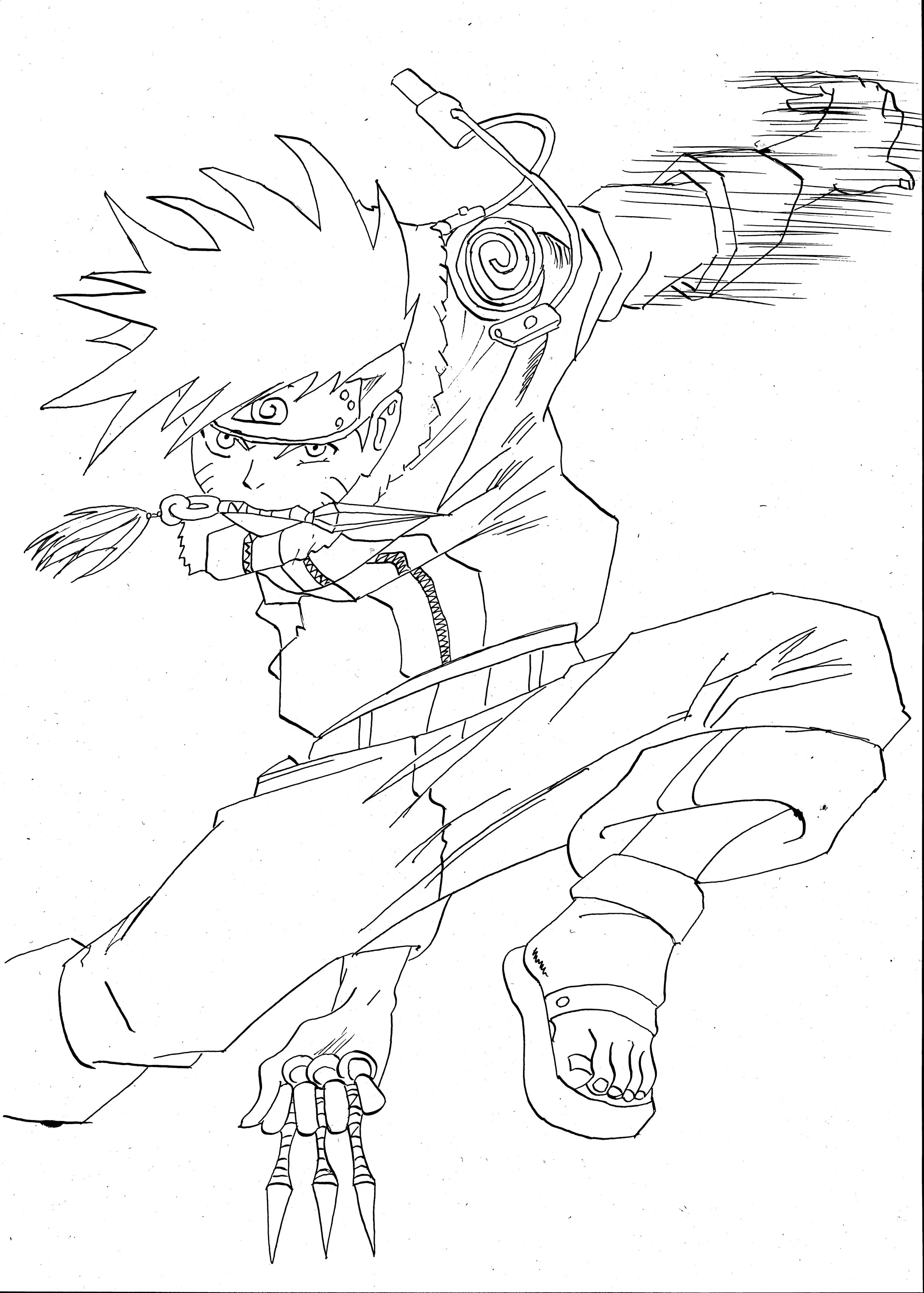 Line drawing of Naruto Uzumaki from the anime Naruto, in a dynamic pose with one hand extended and the other holding a scroll, wearing ninja attire including a headband with a symbol and sandals.