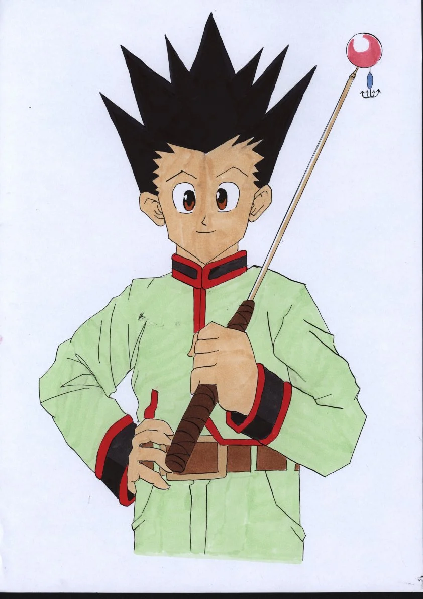 Hand-drawn illustration of a young boy with spiky black hair, wearing a light green traditional Chinese jacket with red and black accents, holding a small wooden stick with a pink and white balloon tied to it.
