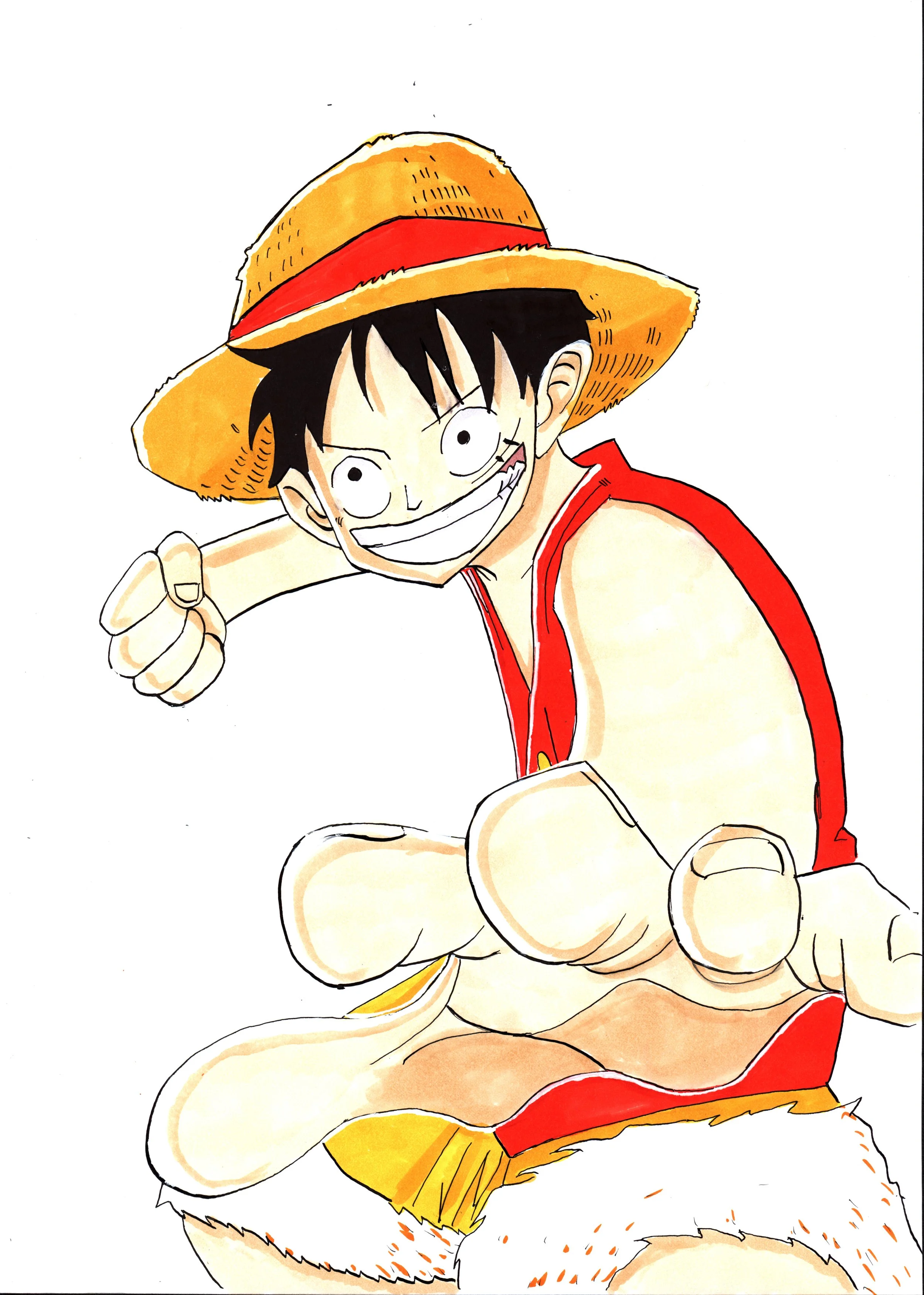A cartoon illustration of Monkey D. Luffy from One Piece, wearing a straw hat, red vest, and yellow shorts, with a big smile and a fist raised.