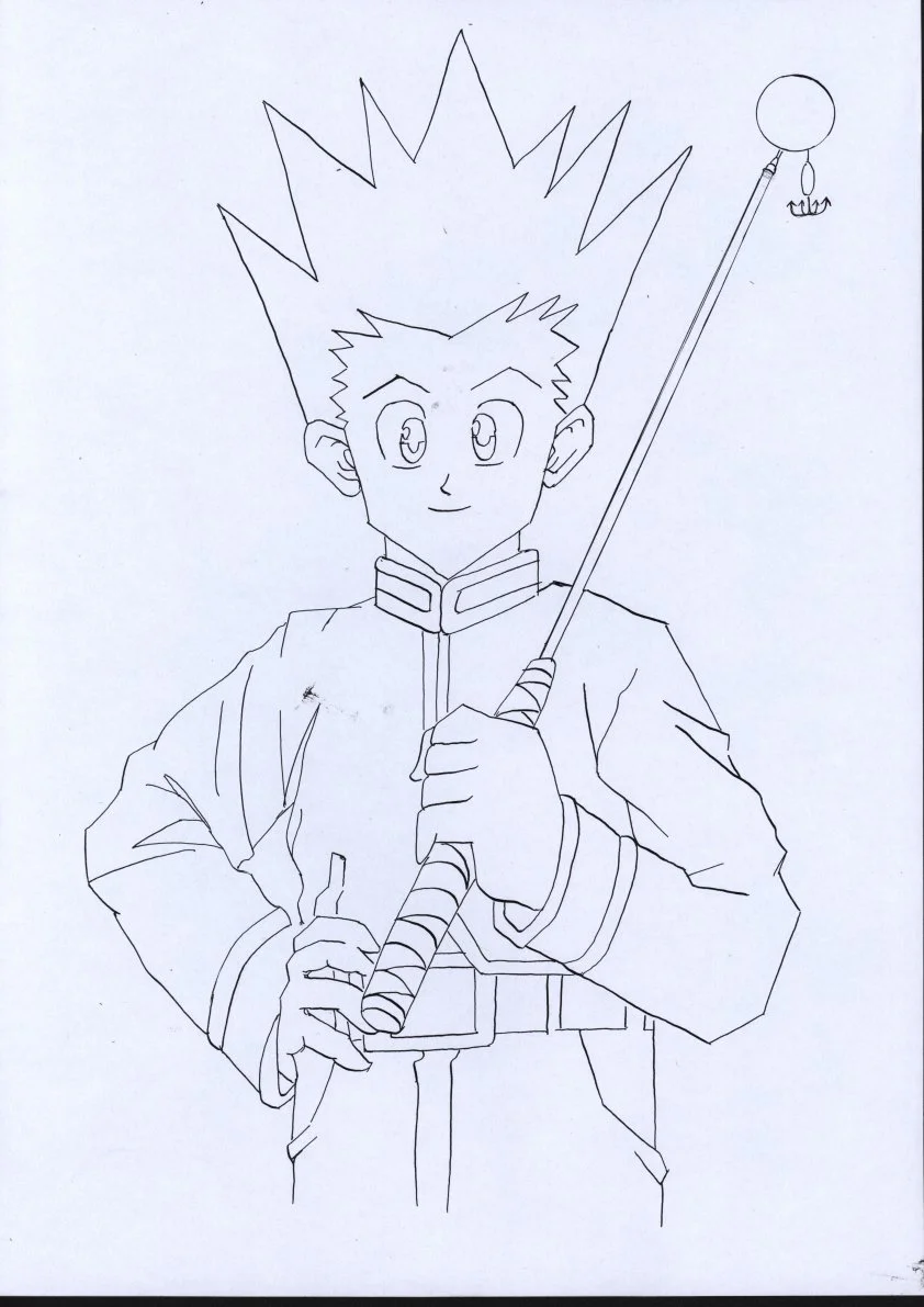 A line drawing of a young person with spiky hair, smiling, wearing a jacket with a high collar, holding a baton with a ball and an anchor symbol at the top.