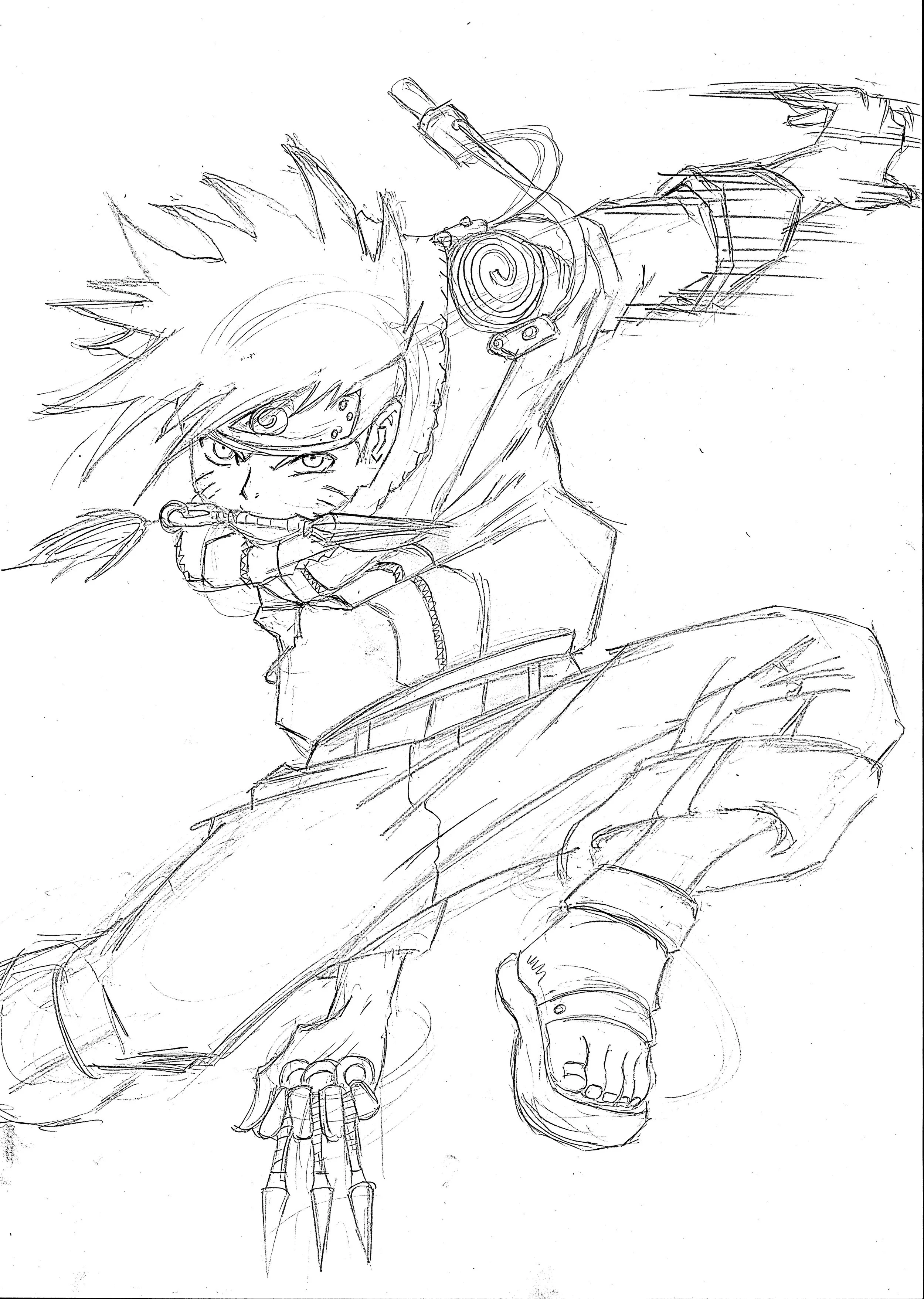 Sketch of a character with feline features, wearing a headband, armor, and sandals, holding a shuriken, in a dynamic pose.