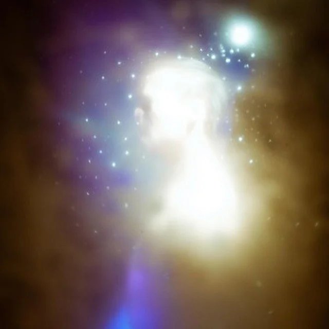 Abstract cosmic scene with bright light, stars, and nebula-like colors.