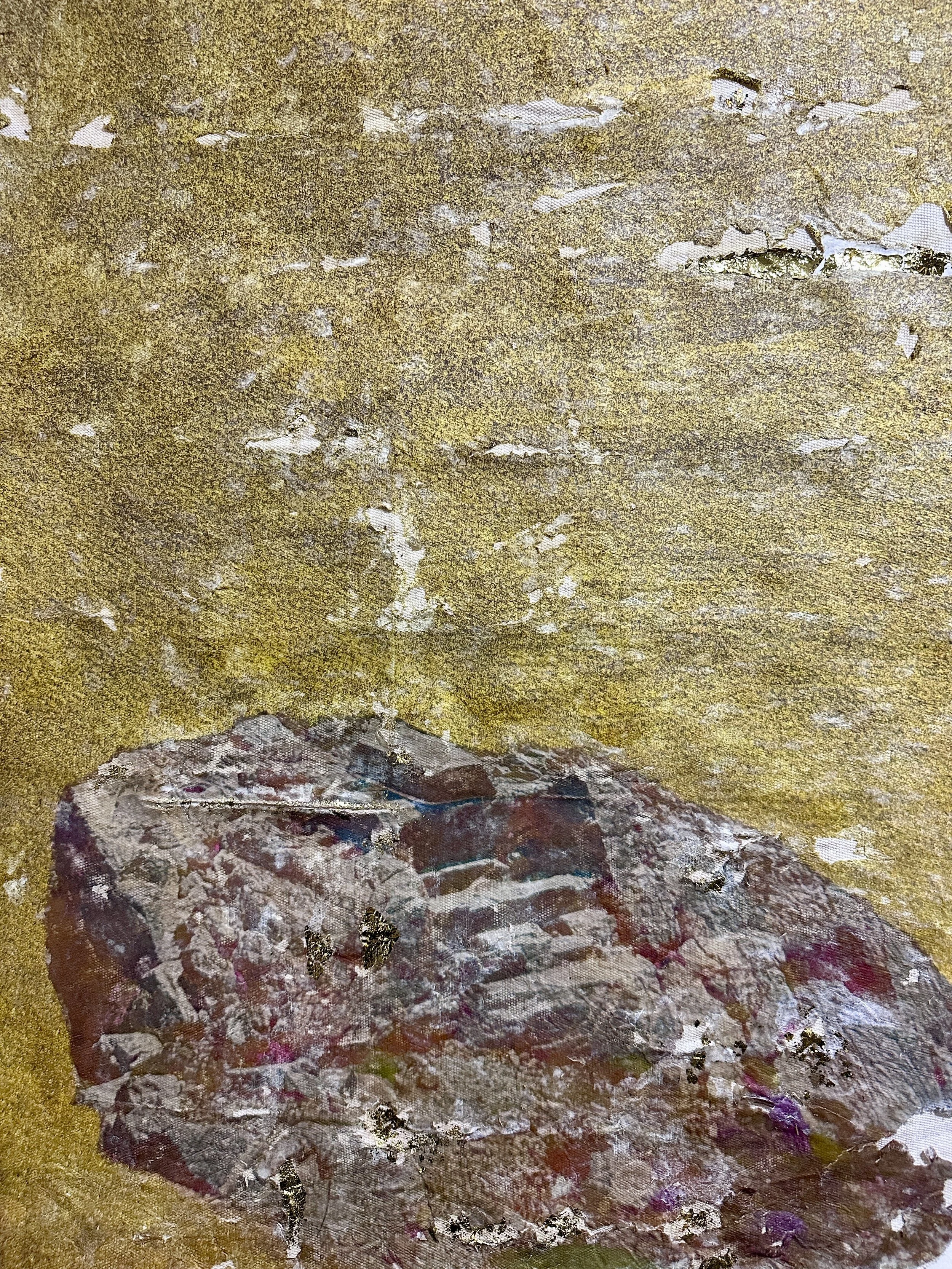 A painting with abstract textures and colors, including gold, white, purple, and brown tones.