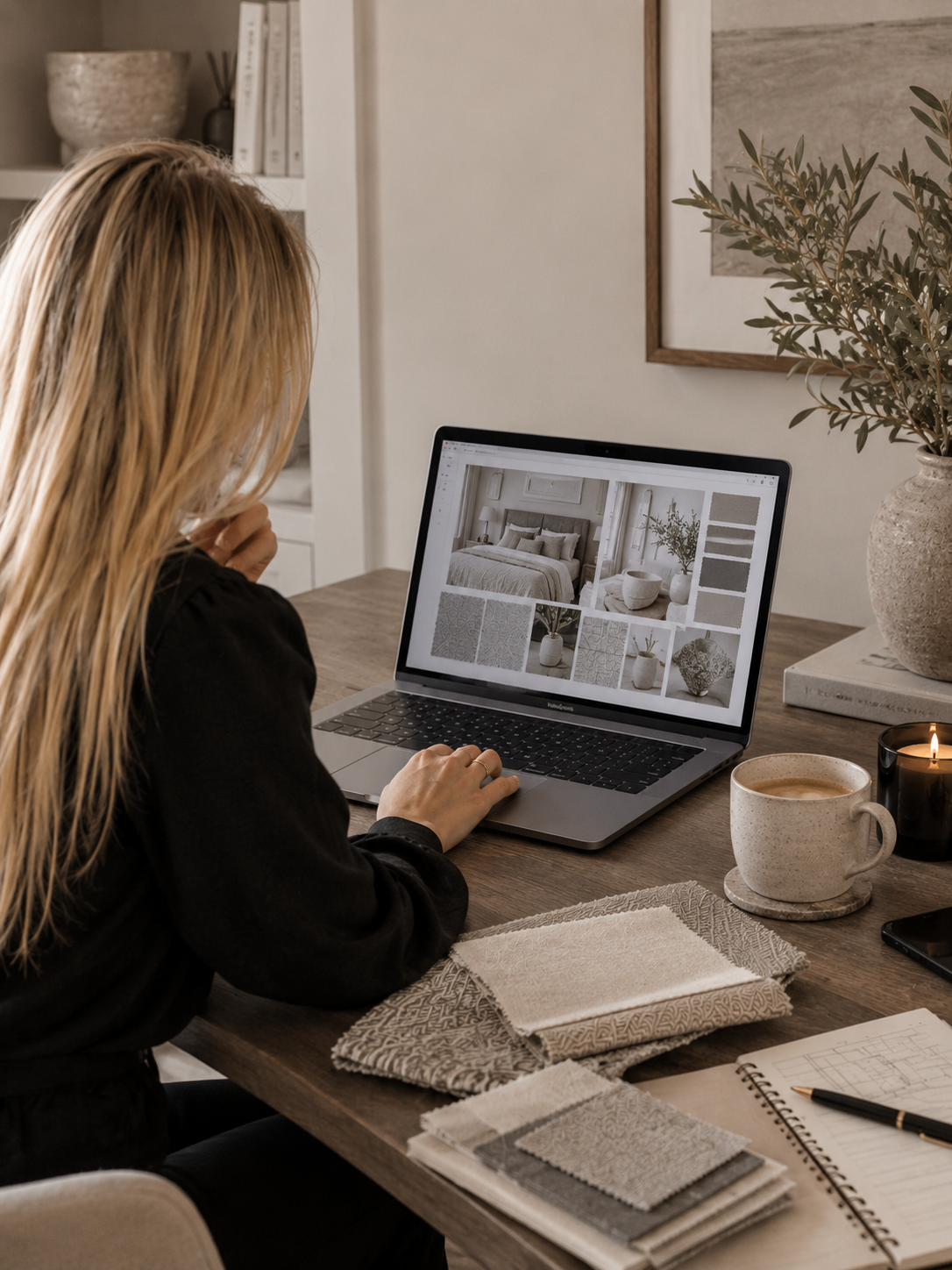 A woman with long blonde hair looking at a mood board of interior design photos on her laptop. The workspace has fabric swatches, a notebook, a cup of coffee, and a candle on a wooden table, with decorative items in the background.