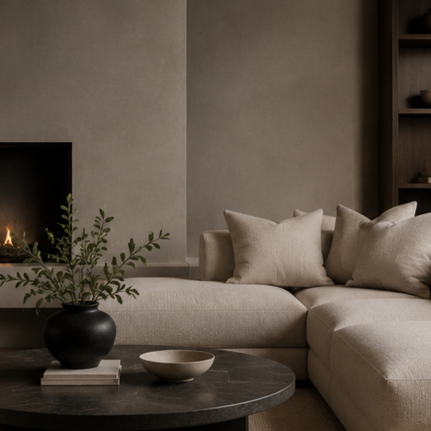 Living room with a beige sectional sofa, a black vase with greenery on a stack of books, a round black marble coffee table, a fireplace, and a wall shelf with decorative items.