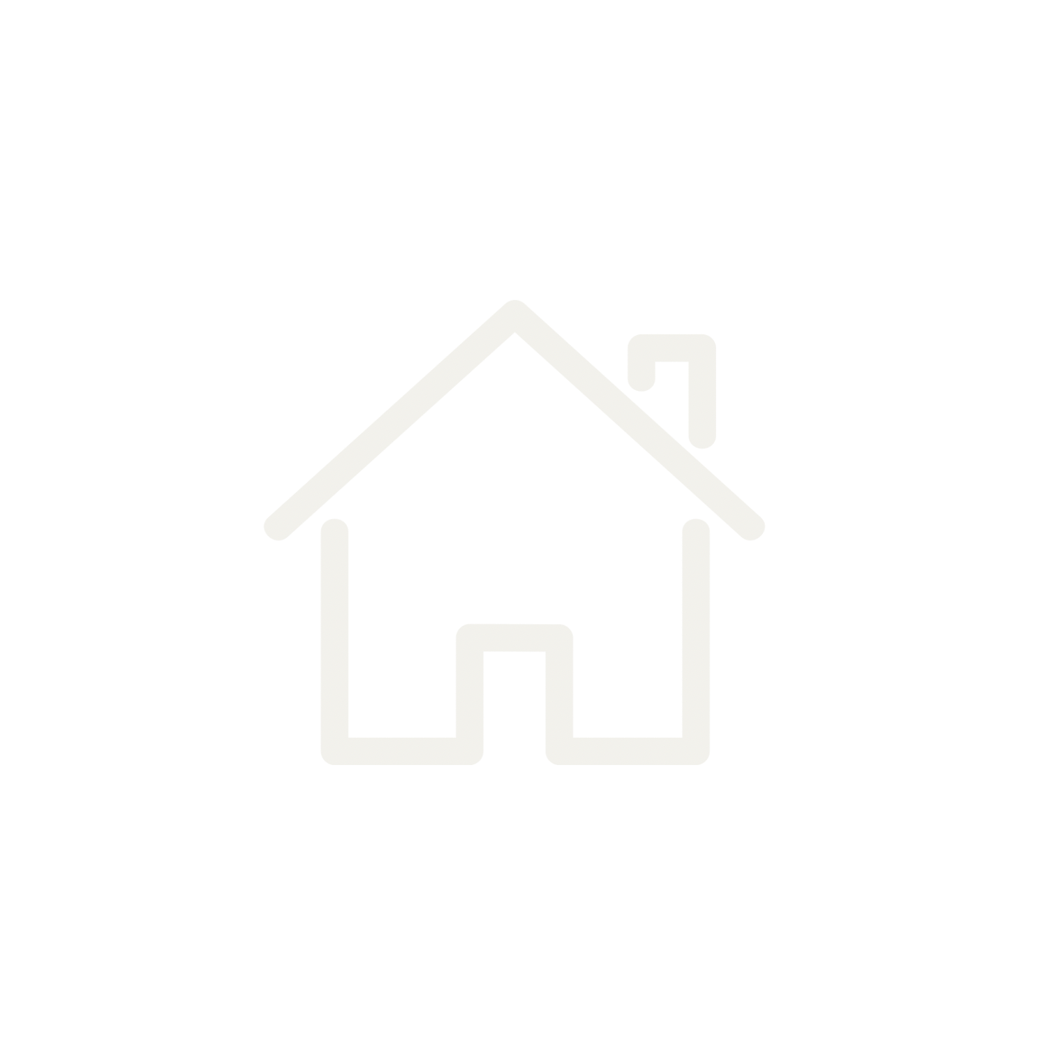 Outline of a house with a sloped roof, a chimney, a door, and two windows, rendered in white on a black background.