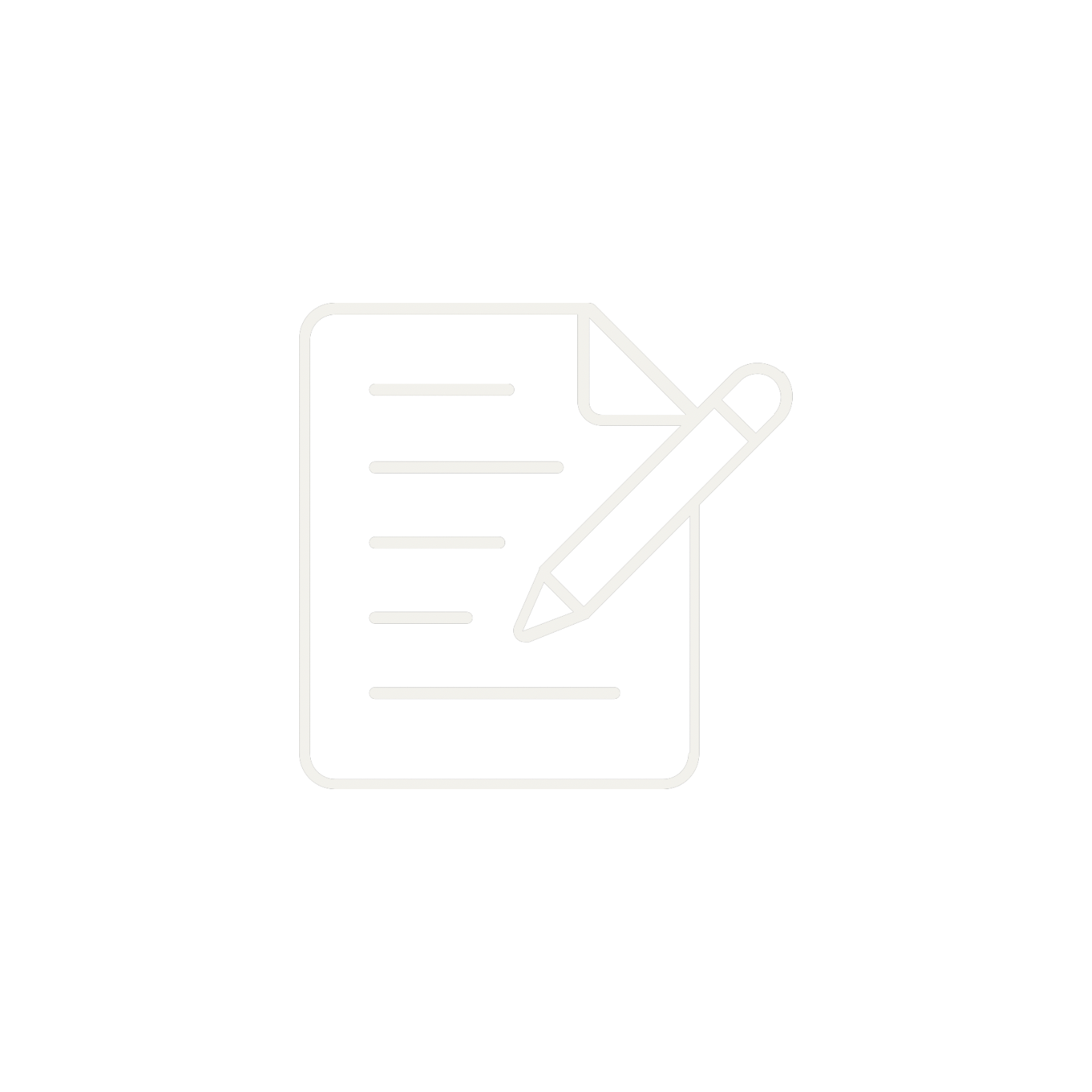 Outline icon of a notepad with horizontal lines and a pencil writing on it, all in white on a black background.