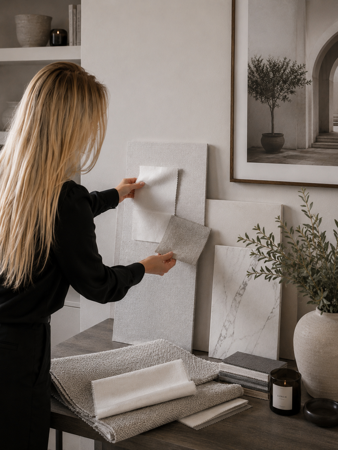 A woman with long blonde hair looking at fabric and tile samples in a home decor store.
