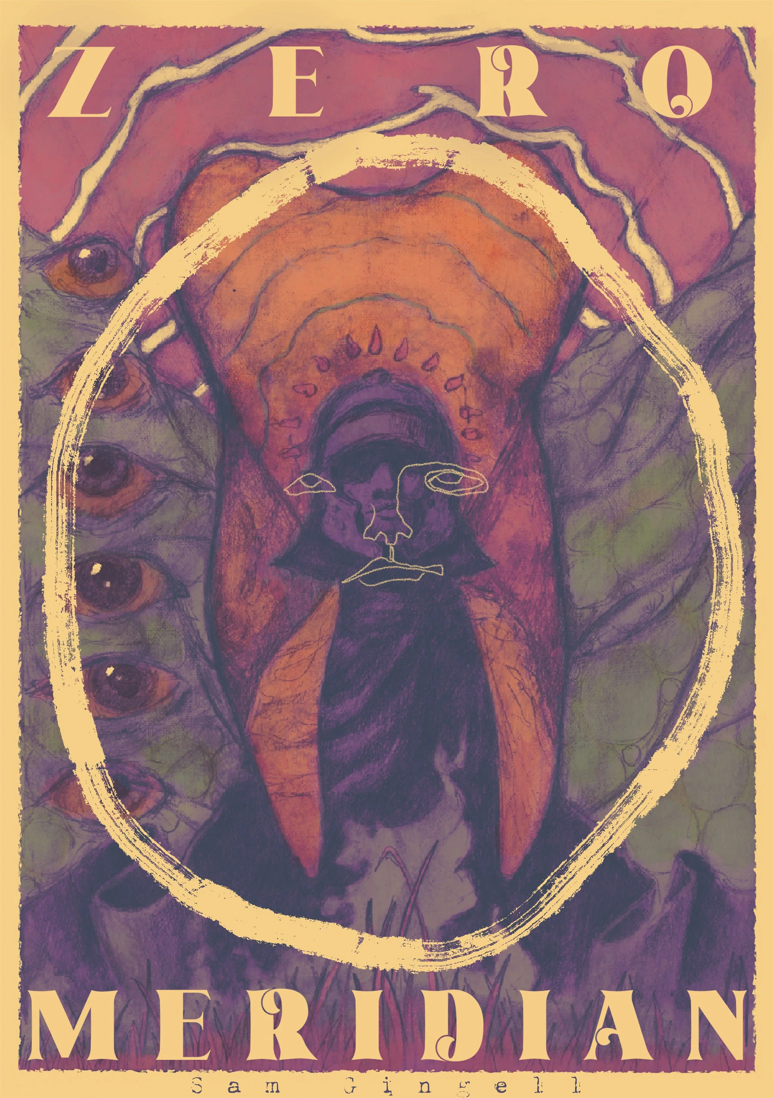 A stylized drawing with the words "Lero Meridiani" at the top and "Sam Ginsell" at the bottom. In the center, there is a figure with an open mouth, long nose, and a skull underneath the nose. The background includes eyes and abstract shapes in earthy