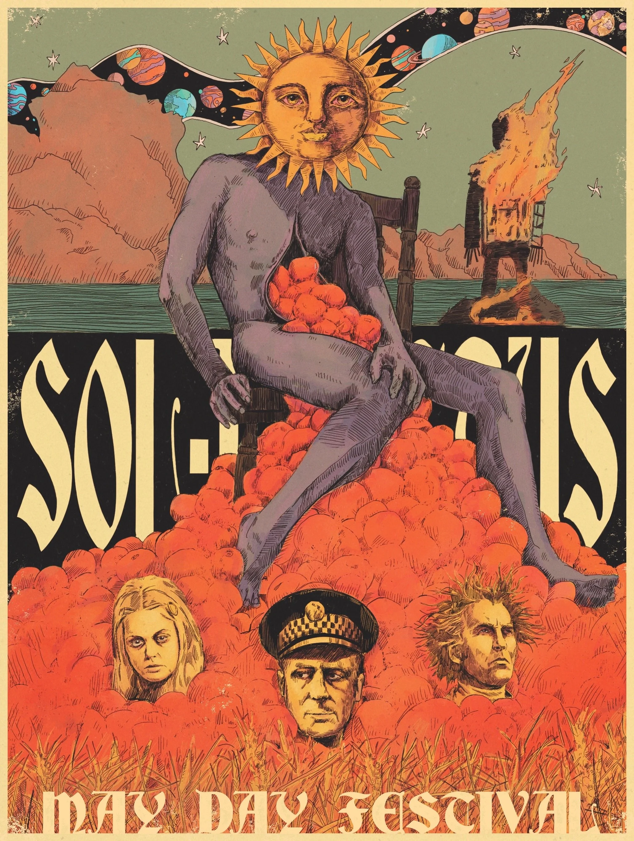Gig poster illustration for the Wickerman featuring a large sun with a human face, surrounded by stars, with a landscape of mountains, water, and a fire burning in the background. The sun god bleeds apples. It features Christopher Lee and Edward Wood