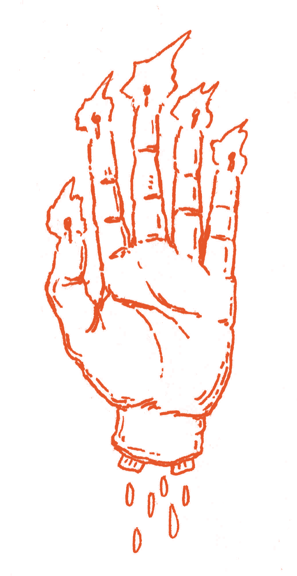 a red illustration of the hand of glory dripping blood