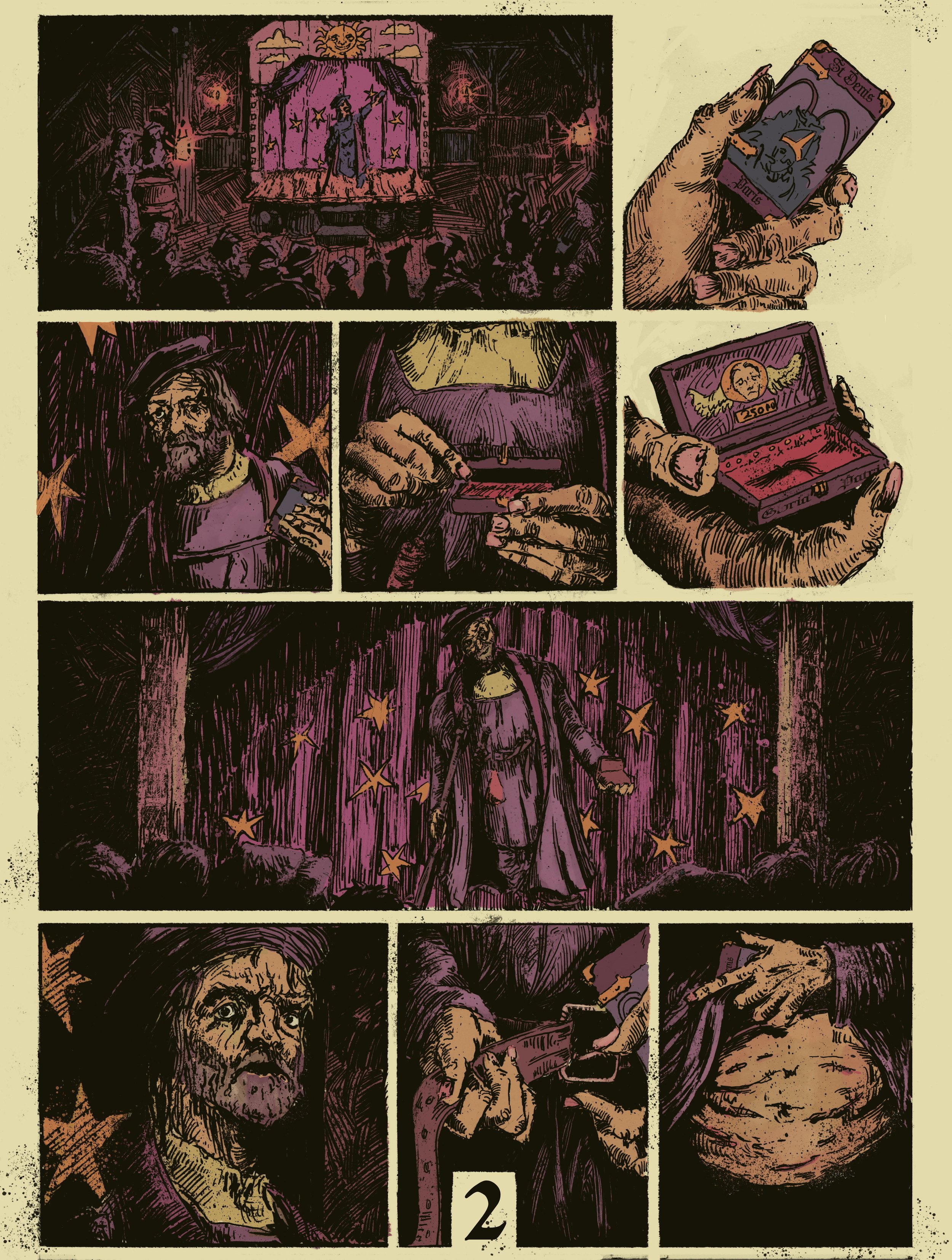 A comic-style illustration divided into panels depicting a man holding a tarot card, reading it, and reacting emotionally, with a background scene of a magician on a stage. The artwork uses dark tones and a purple color scheme.