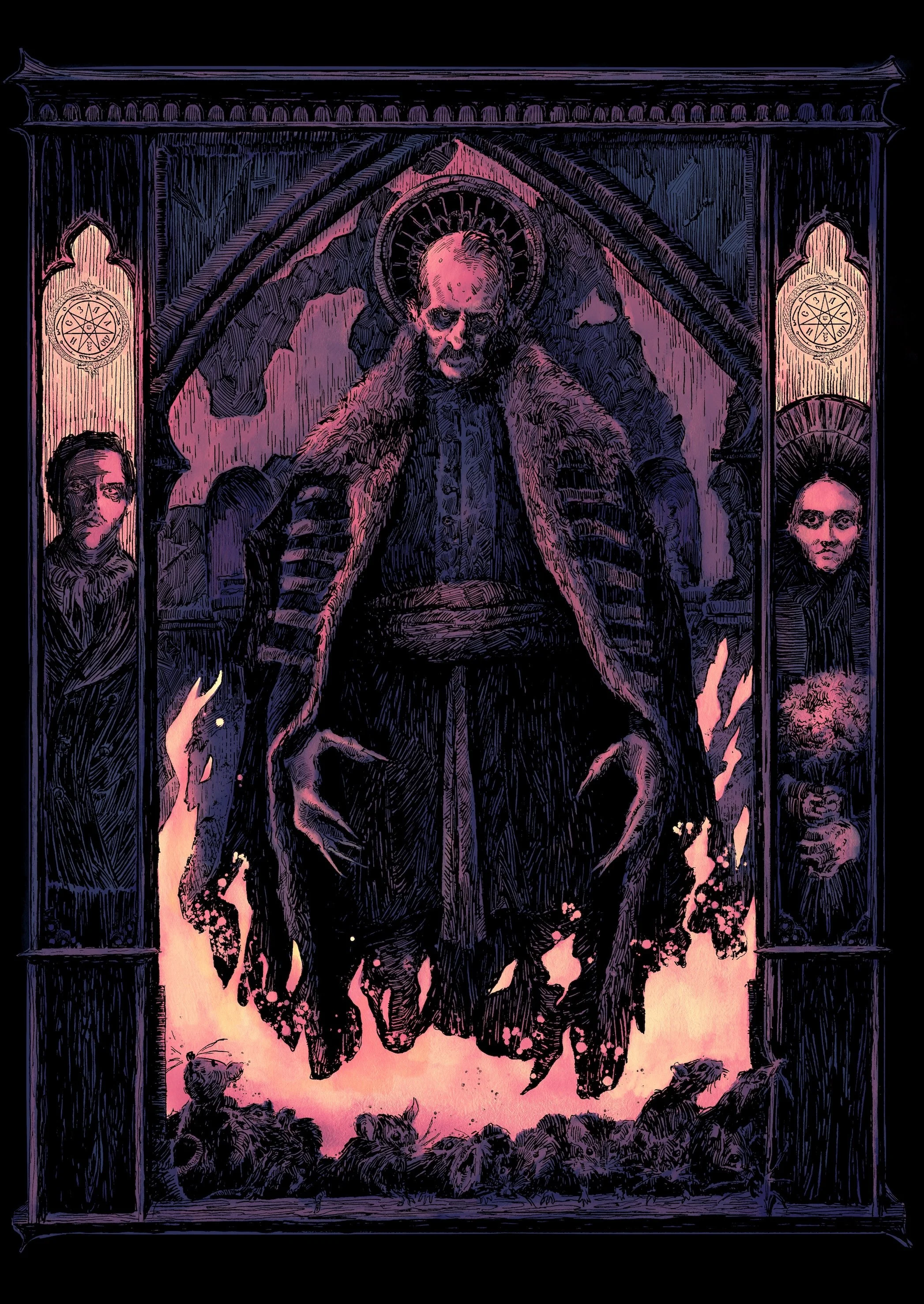 Illustration for Nosferatu, in a dark, gothic setting with purple and pink hues. Surrounded by rats and the occult. 