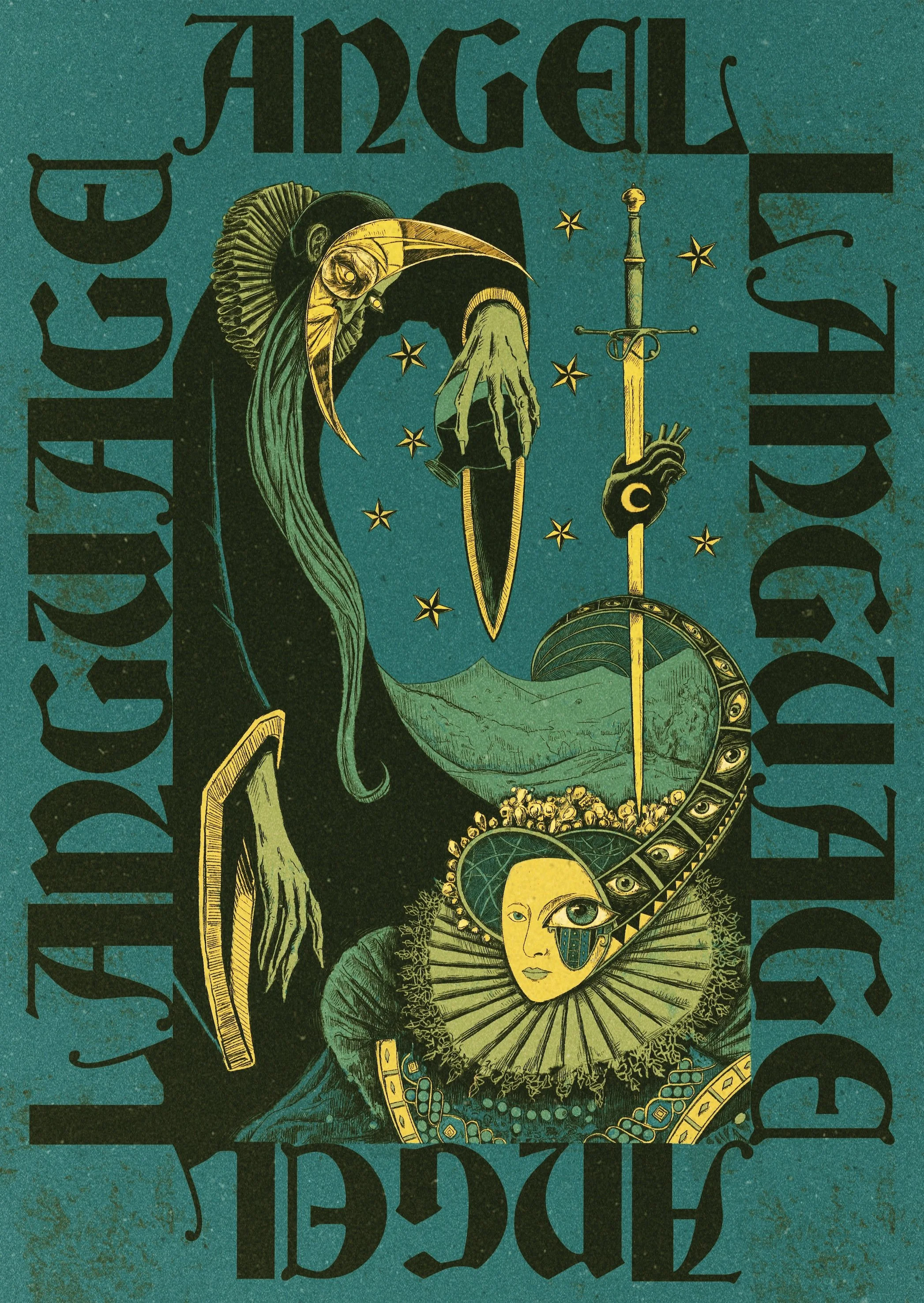 A dark green tarot card design with an illustration of a woman and a skeleton. The woman has a yellow face with detailed eyes and wears a ruffled collar, with intricate jewelry. The skeleton holds a sword and a mirror, surrounded by stars. Large blac