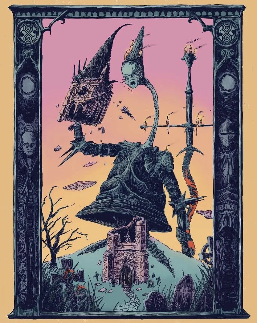 Dark fantasy illustration of a towering, monstrous, skeletal creature with a skull-like head, holding a flaming torch and missile, standing over a ruined stone structure, surrounded by a spooky, barren landscape with leafless trees.