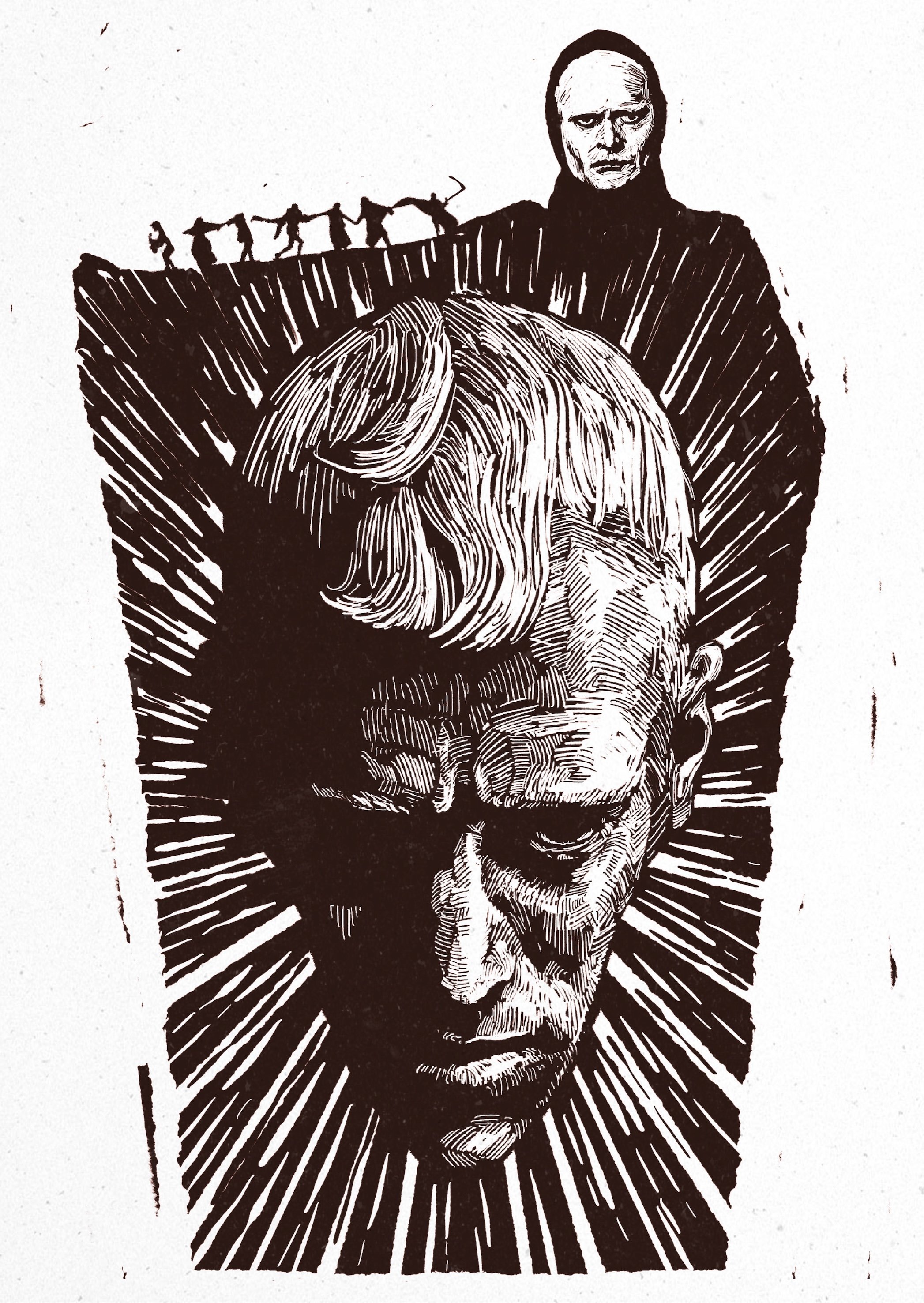 Black and white illustration of a person with their head bowed, surrounded by radiating lines. In the background, a figure with an elongated face and stern expression, with silhouettes of people holding hands above.