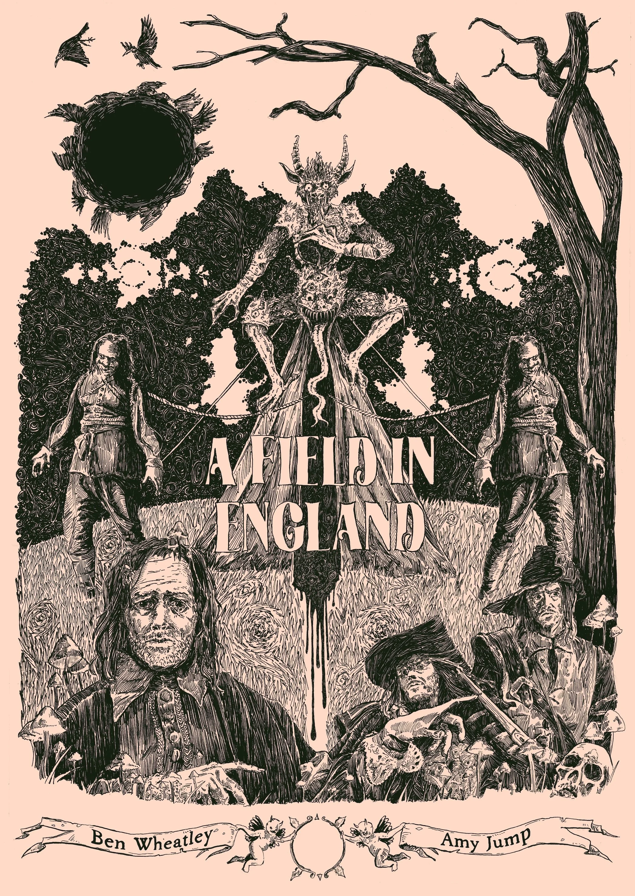 A detailed black-and-white pen-and-ink a penmd and ink illustration for 'a field in England' by Ben Wheatley and Amy Jump, with a central demonic creature with horns, sharp teeth, and wings, surrounded by evil and witch-like figures holding skulls an