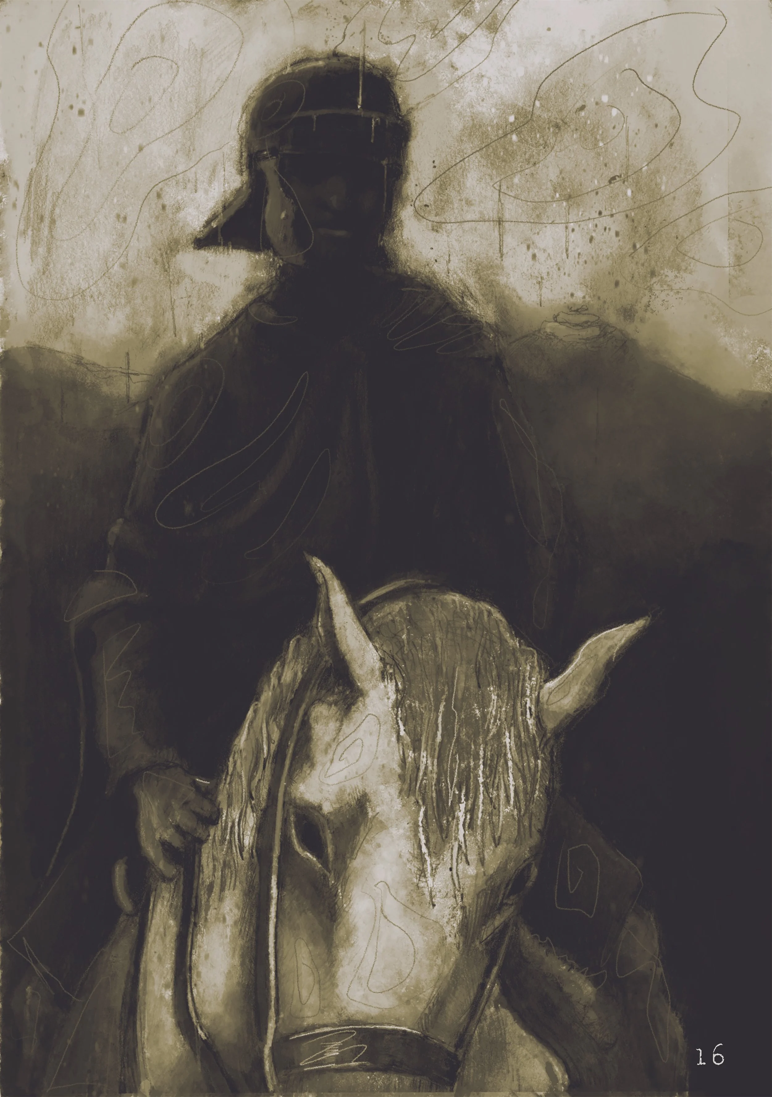 A monochromatic drawing of a person with a hood, sitting with their arms resting on their knees, with light lines and darker shading creating a somber mood. The background features abstract lines and shapes. The number '16' appears in the bottom righ