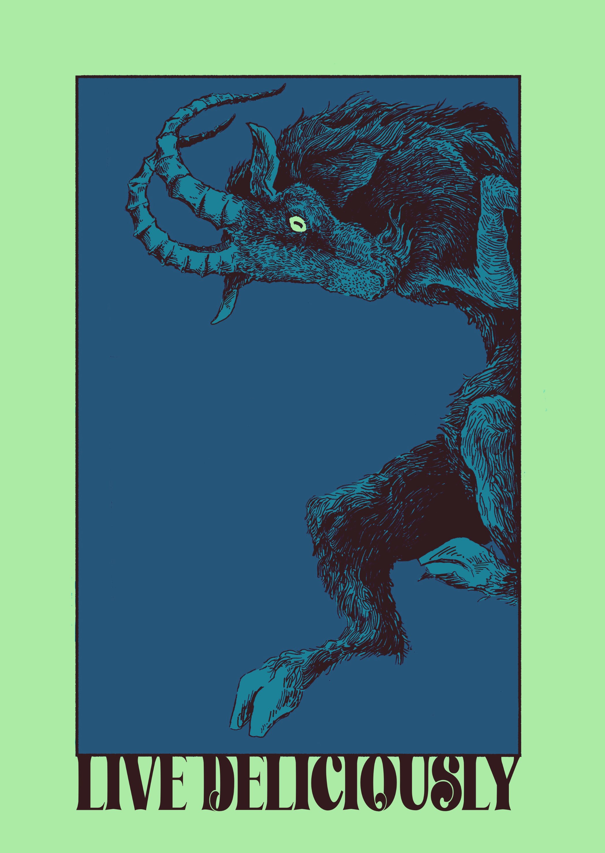 An illustration of a goat with large, curved horns, standing against a blue background. Beneath the image, the text reads, "LIVE DELICIOUSLY." from the Robert Eggers film 'the witch' 