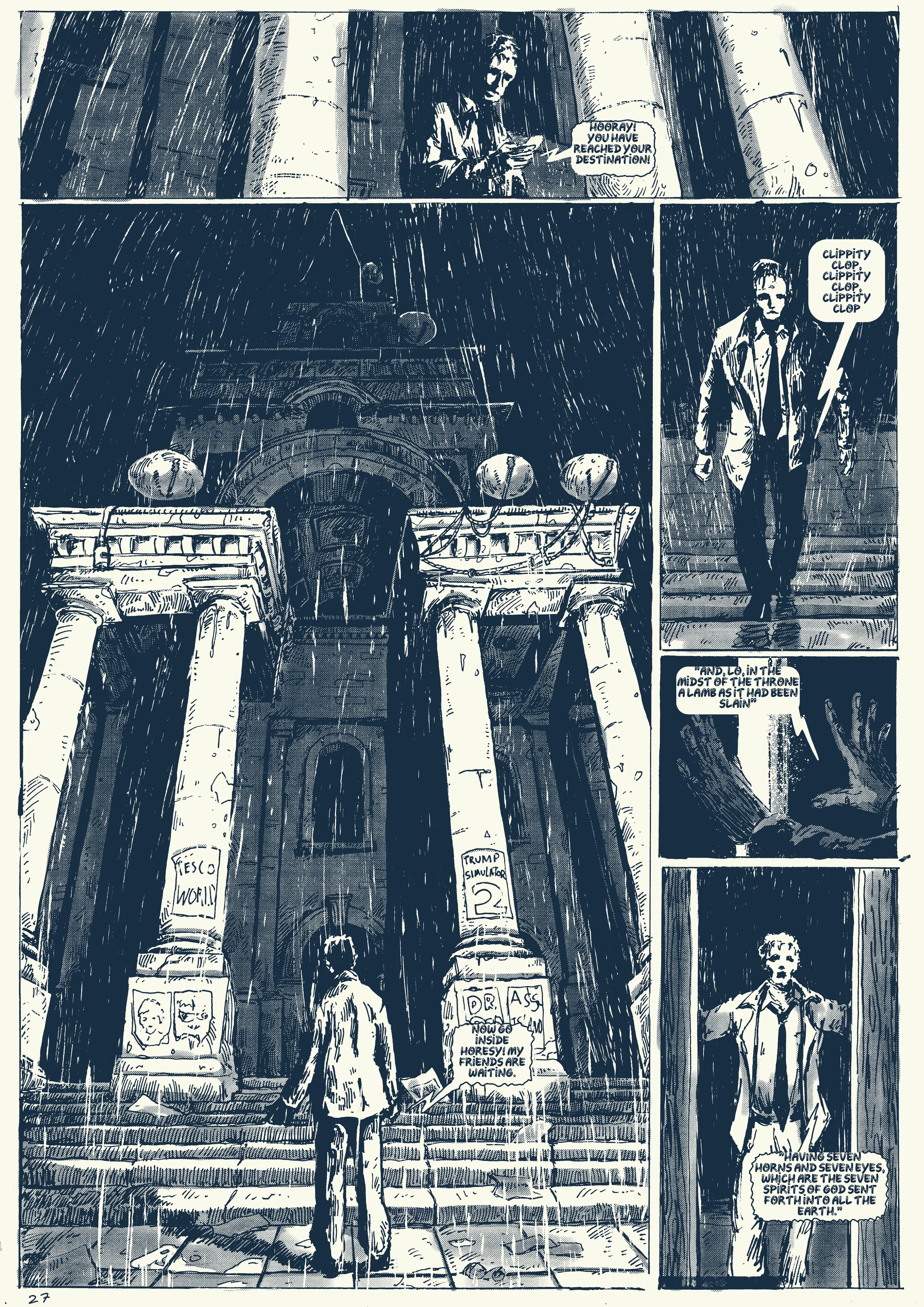 A grayscale comic strip depicting a woman reaching a grand building in the rain, with a sign reading "Tesco Worli" and a menu for a "Trump Simulator 2" game. The woman is looking up at the building, and the narrative box mentions seven horns and eyes