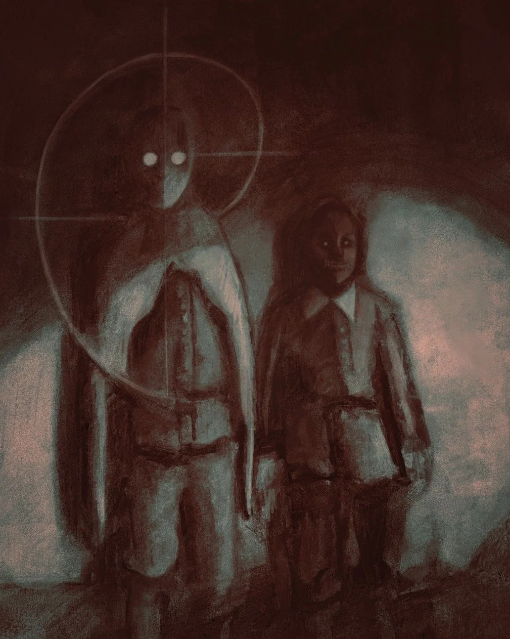 A dark, eerie painting of two children with sinister smiles, one with a puppet and alien-like figure with glowing eyes and large head in the background.