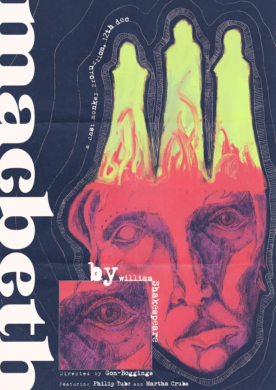 A poster for a production of William Shakespeare's "Macbeth" featuring stylized illustrations of three faces and flames, with the title "Macbeth" displayed vertically on the left side.