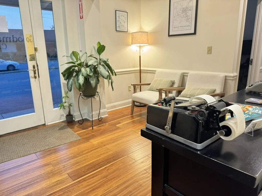 The image shows a cozy waiting area with two cream-colored chairs with wooden arms, a green pillow on each, a tall standing lamp providing warm light, a large potted plant on a decorativ. Coworking space black mountain, office space black mountain