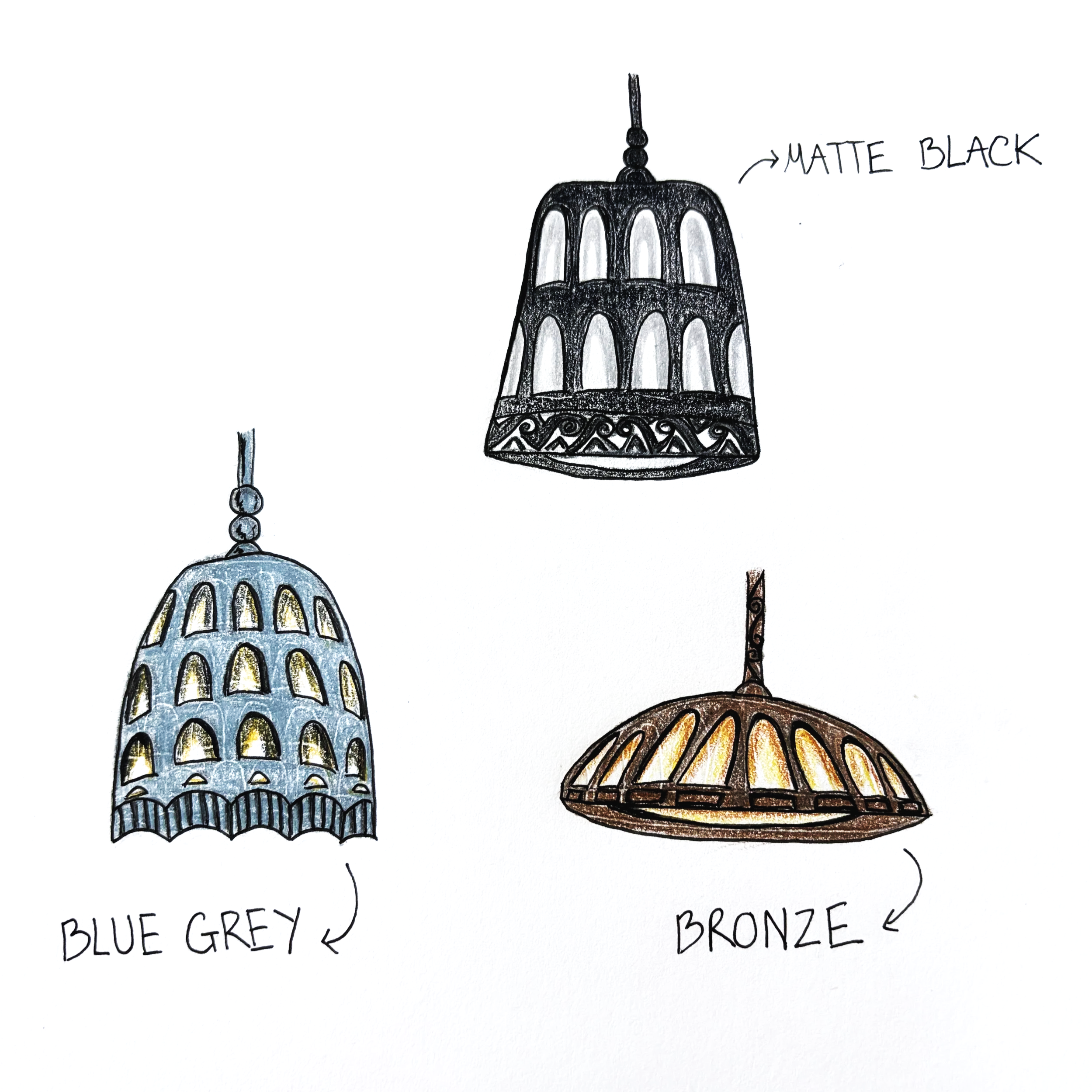 Inspired by Roman architecture, this pendant collection features repeating arches and subtle ornamental motifs that reinterpret classical design through a modern aesthetic. Available in Matte Black, Blue Grey, and Bronze metal finishes.