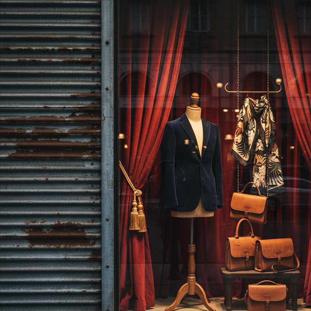 Vivienne Westwood storefront window with tailored jacket, scarves and leather bags against red curtain and corrugated steel