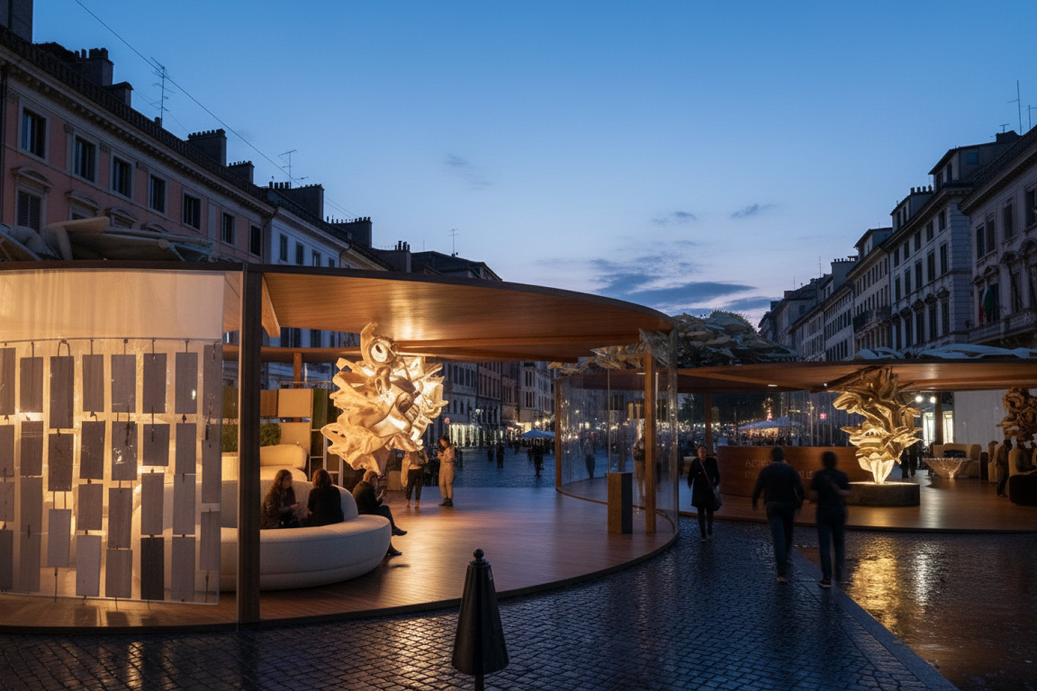 Agnona Pop-Up — timber pavilion lit at blue hour on a Milan street, with sculptural seating and passers-by