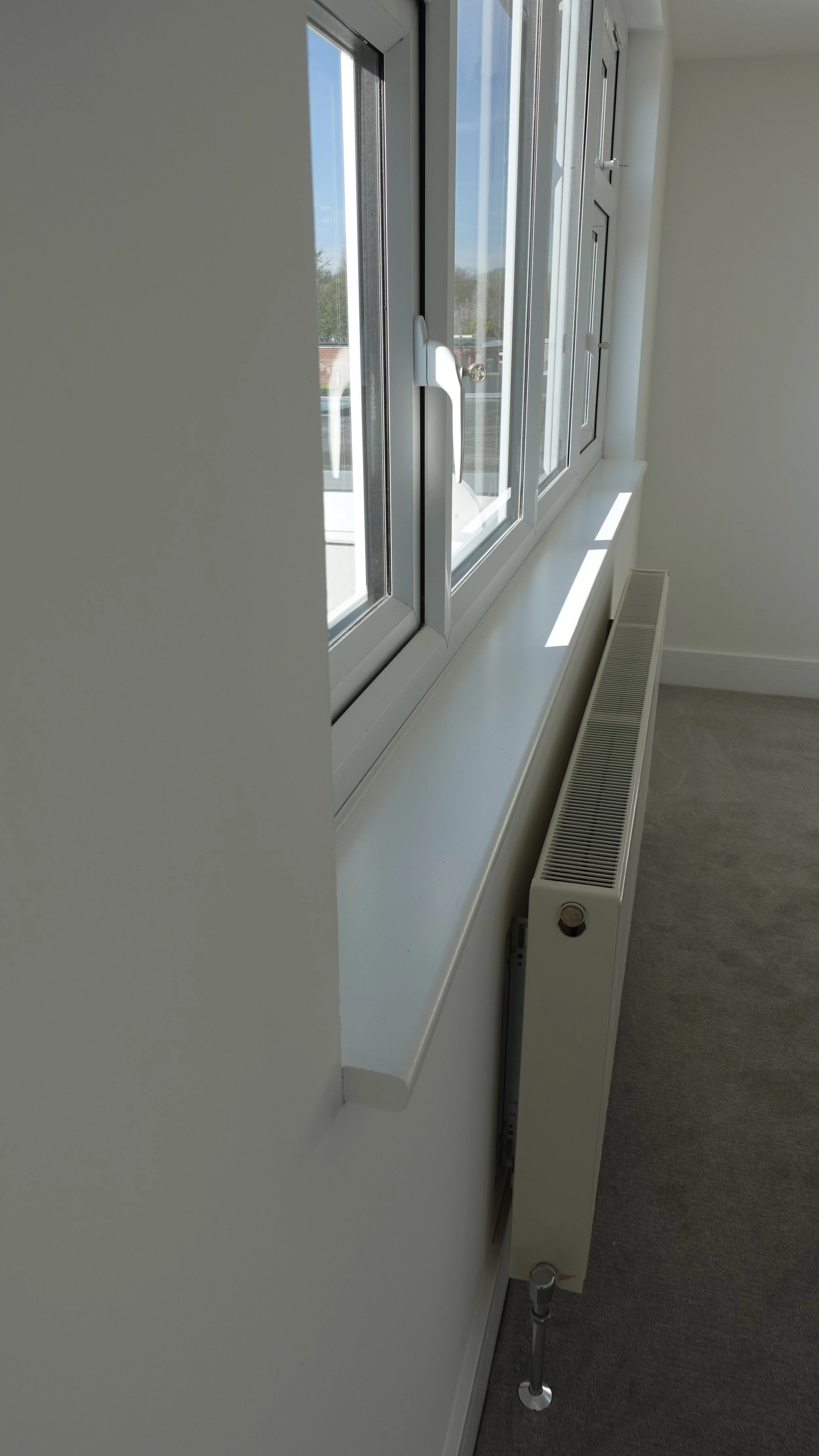 Room with a window, white window frame, radiator below the window, light-colored walls, and a carpeted floor.