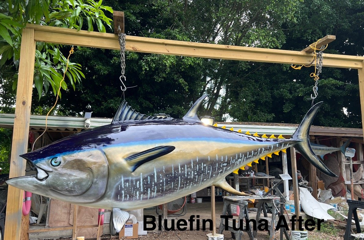 A large, realistic model of a tuna fish with blue, silver, and yellow coloring, suspended from a wooden frame outdoors with trees in the background.