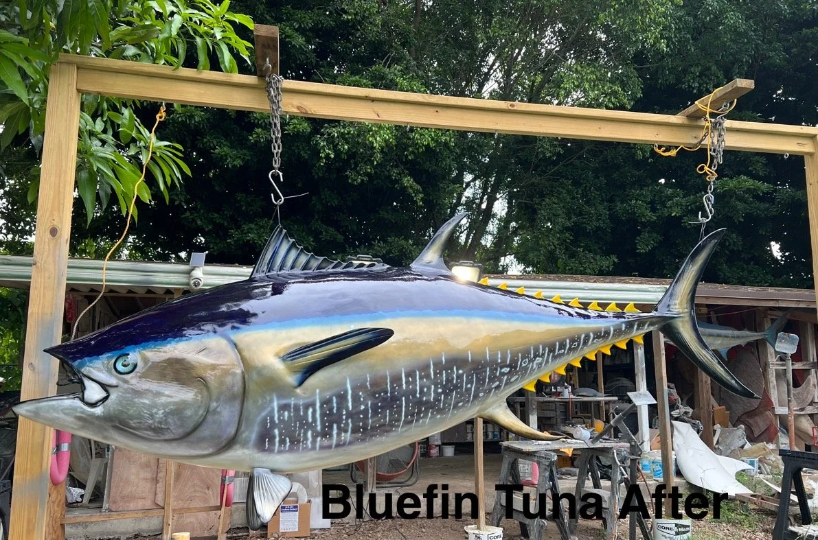 A large, realistic-looking model of a bluefin tuna fish hanging outdoors on a wooden frame, with trees and a shed in the background.