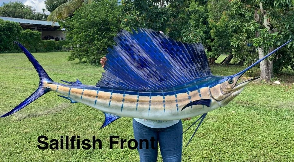 Person holding a large inflatable sailfish in a grassy backyard with trees and a house in the background.