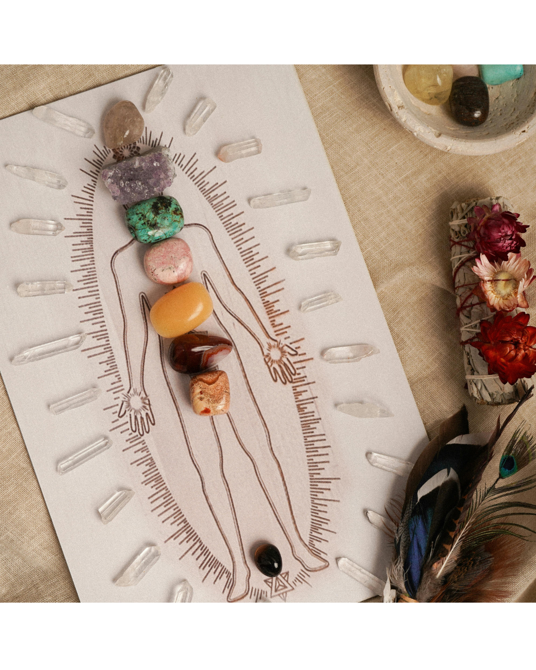 Diagram of a human body outline with various colorful gemstones placed along the body's center line, surrounded by small clear crystals and additional stones and dried flowers on the side.