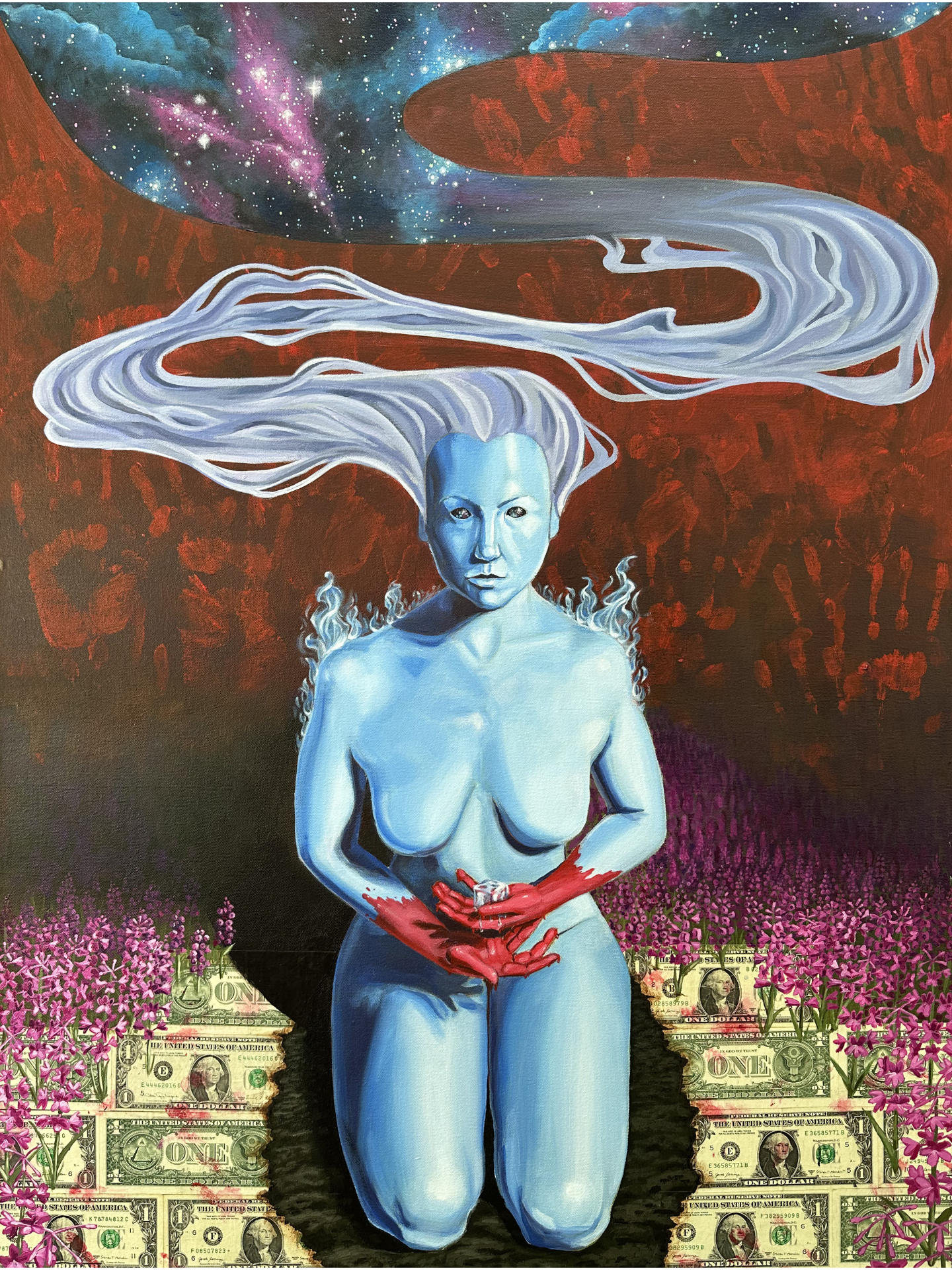 If We Burn, Acrylic & USD on Canvas, 30" x 40", 2026