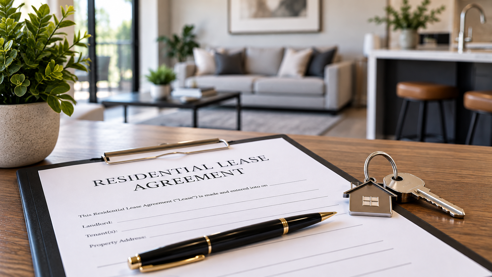 A clipboard with a residential lease agreement, a pen, a house-shaped keychain, and a key on a wooden table in a modern living room with a sofa, plants, and a kitchen in the background.
