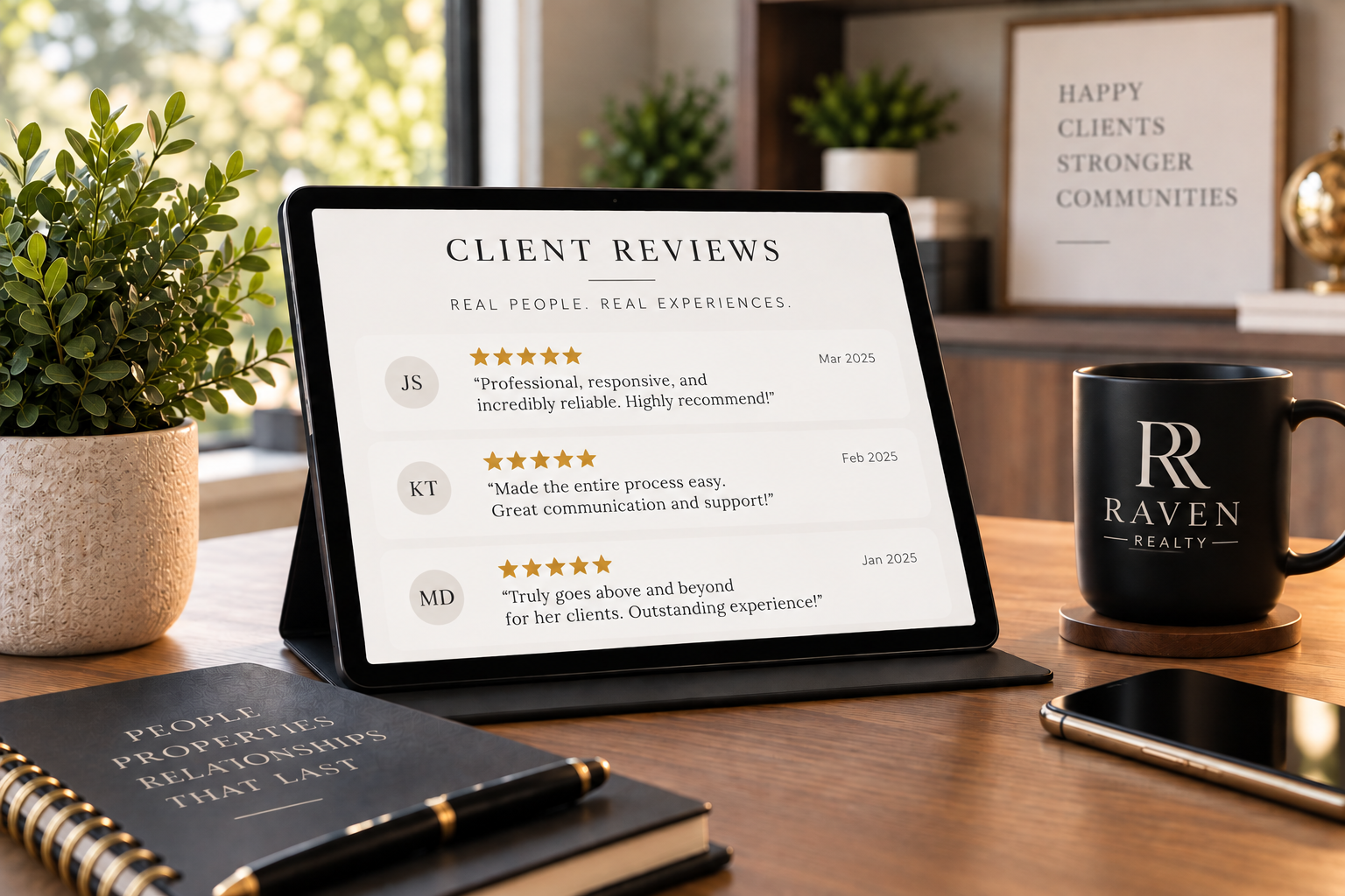 Tablet displaying client reviews on a wooden desk with a potted plant, a Raven Realty mug, a black smartphone, a closed notebook titled "People Properties Relationships That Last," and a framed quote in the background.