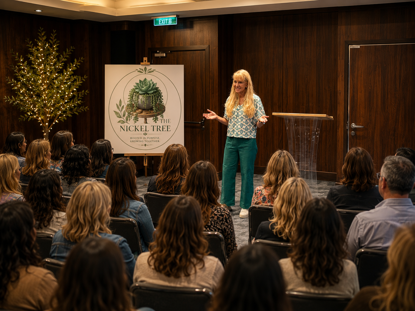A woman giving a presentation to an audience in a conference room decorated with a Christmas tree and a large sign reading 'The Nickel Tree'