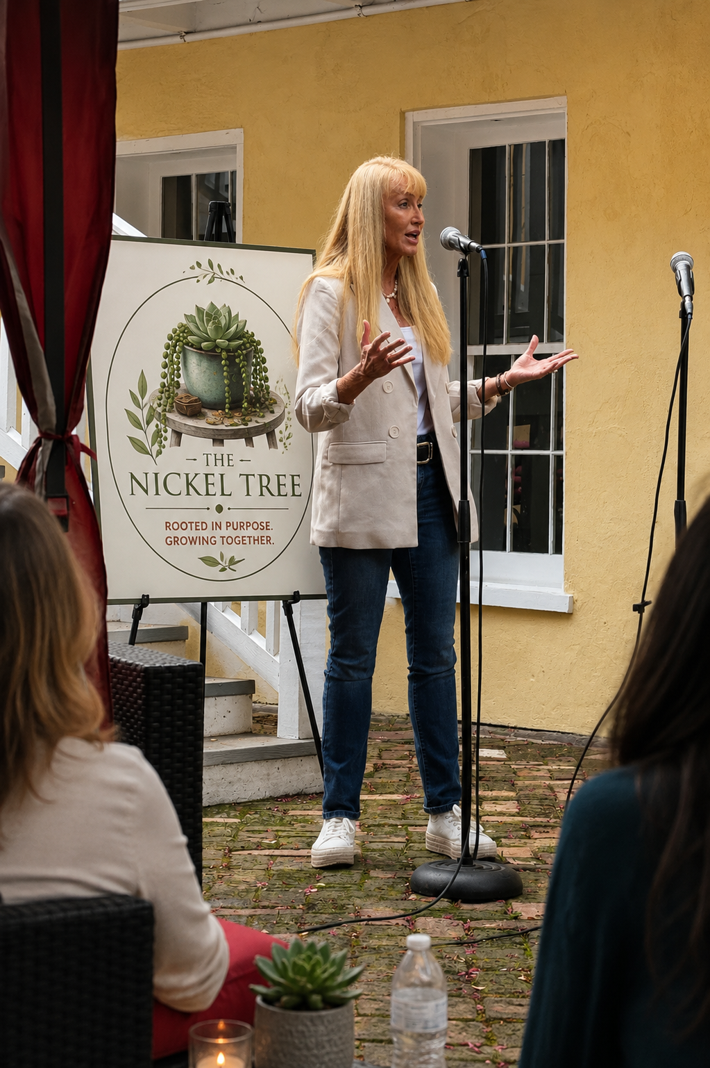 A woman speaking at a microphone during an event held outdoors, with a sign behind her reading 'The Nickel Tree' and 'Rooted in Purpose, Growing Together.'