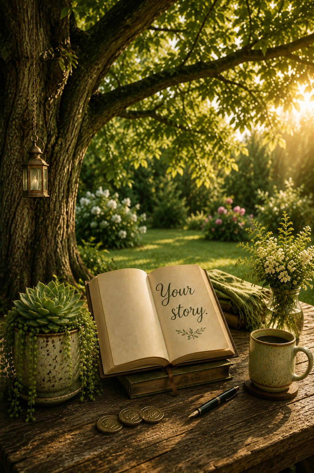 An outdoor scene with a large tree, sunlight filtering through leaves, and a rustic table with an open photo album reading 'Your story.', a potted succulent, a vase of white flowers, a cup of coffee, a green scarf, a pen, and some coins, set in a lush garden.