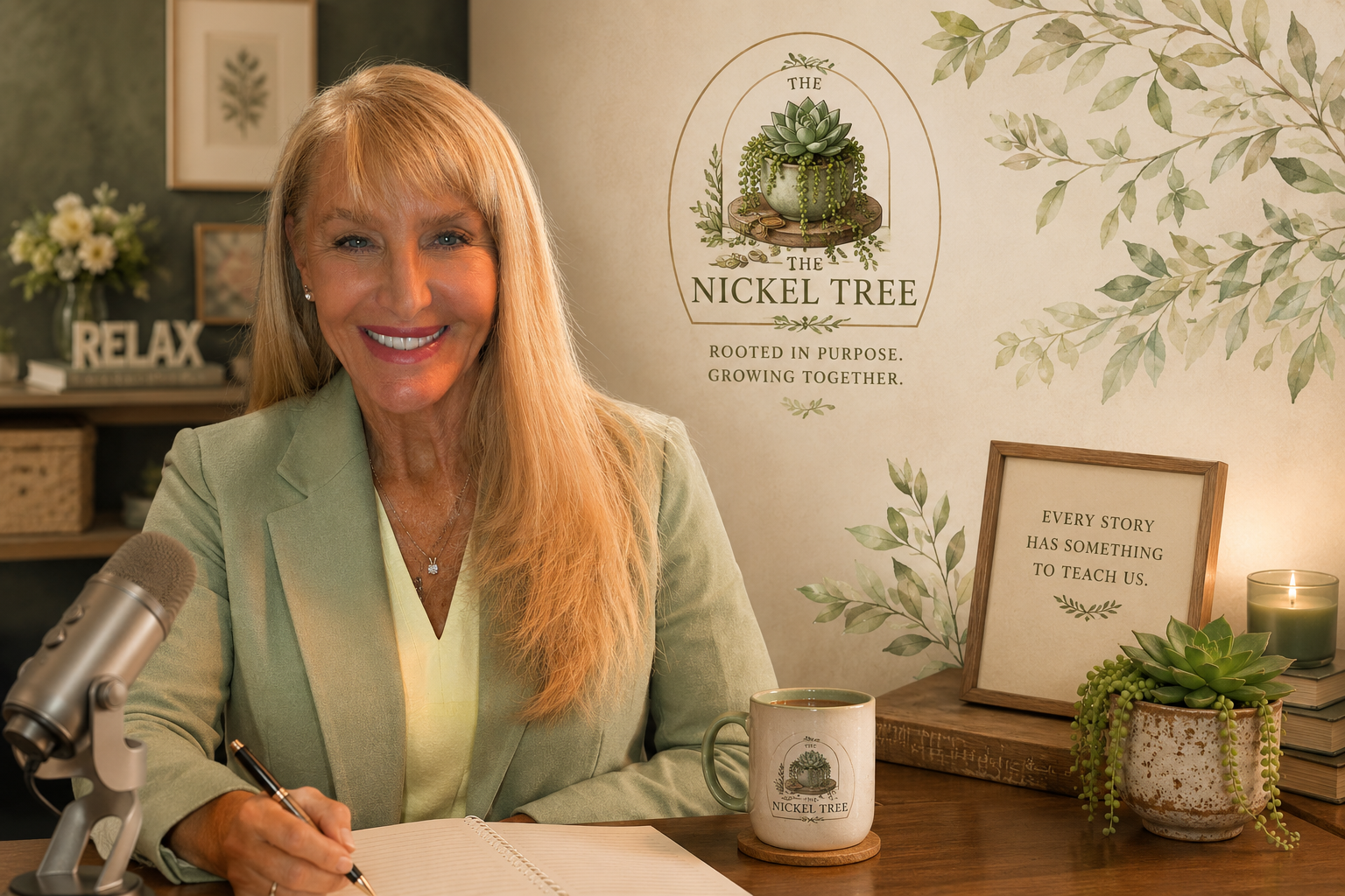 A smiling blonde woman in a light green blazer sits at a desk with a notebook, a pen, a coffee mug, and a microphone. The background has a wall with a framed plant print, a shelf with a