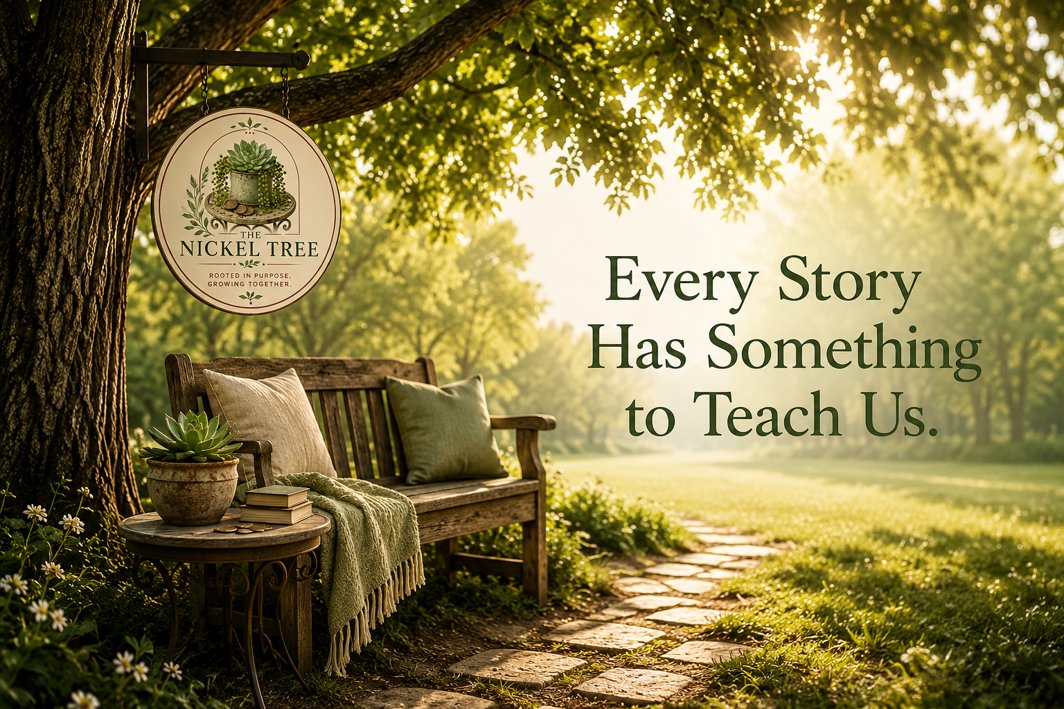 A park bench with pillows and a blanket next to a tree with a hanging sign that reads "The Nickel Tree." The scene is sunlit with a quote that says, "Every story has something to teach us."
