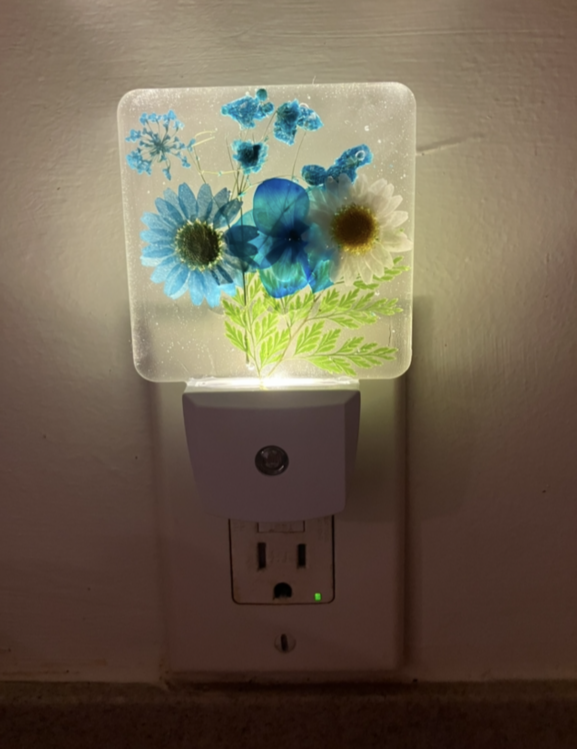 A decorative nightlight plugged into an electrical outlet on a wall, featuring a square acrylic panel with pressed blue and white flowers, green leaves, and small blue butterfly accents, illuminated from behind.
