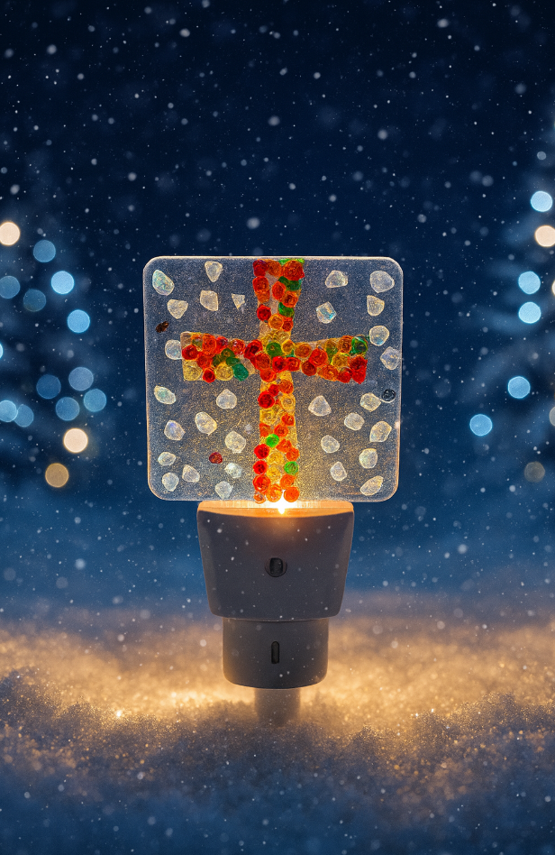 Christmas light bulb with a snowflake and cross design made of colorful round lights, glowing against a snowy night background.